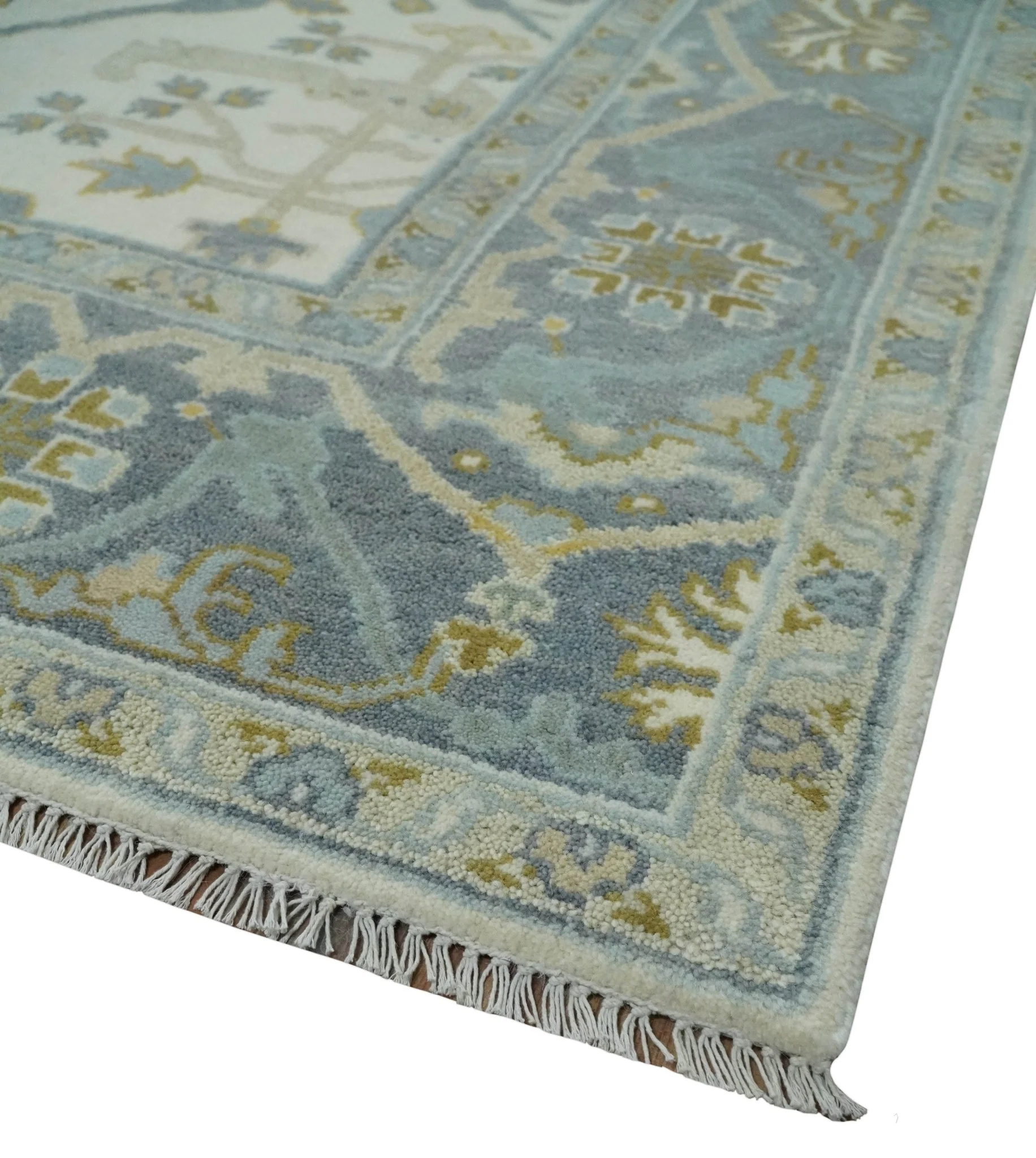 6x6 Square Hand Knotted Oriental Oushak Ivory, Charcoal and Beige Wool Area Rug - Image 5