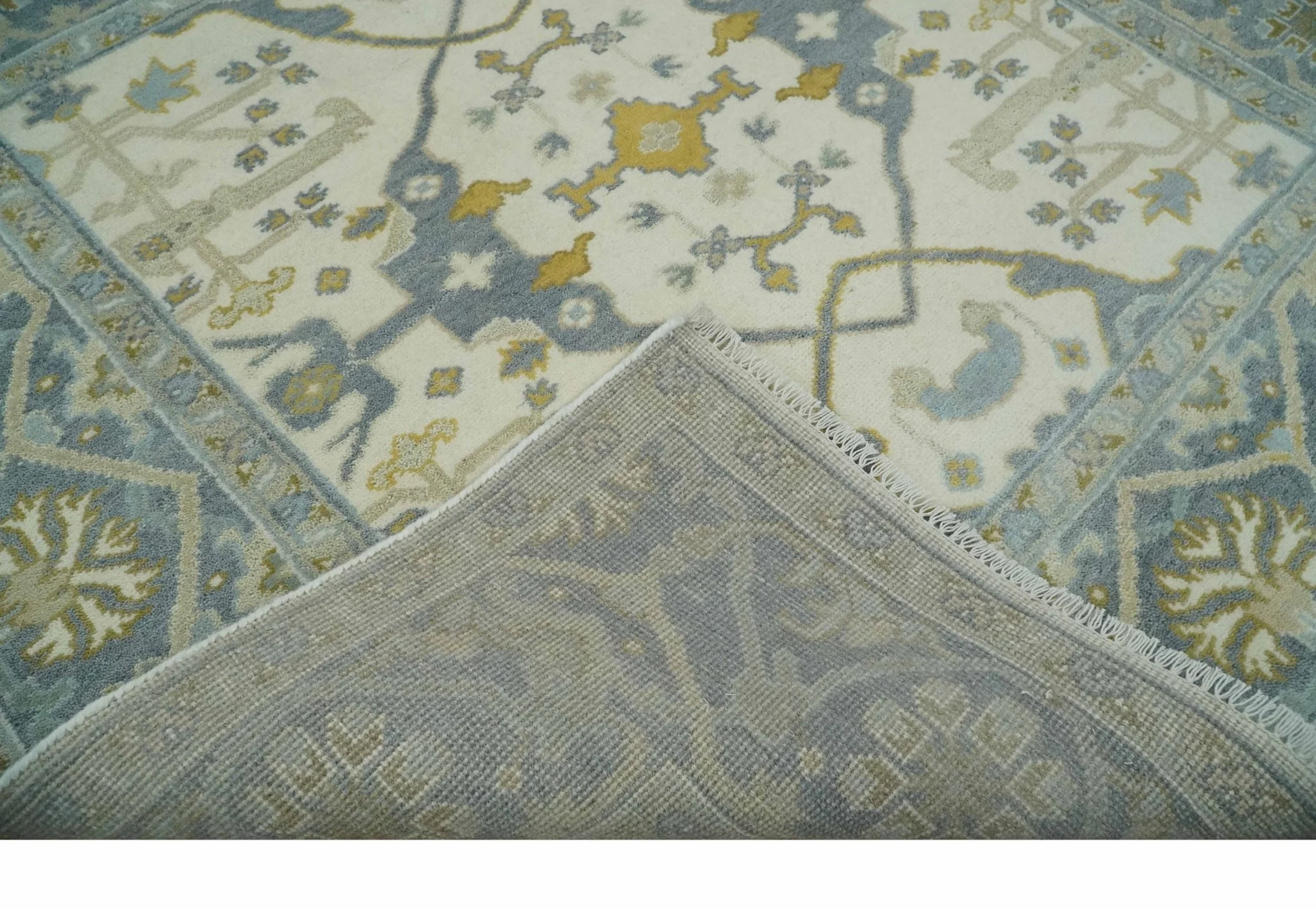 6x6 Square Hand Knotted Oriental Oushak Ivory, Charcoal and Beige Wool Area Rug - Image 6