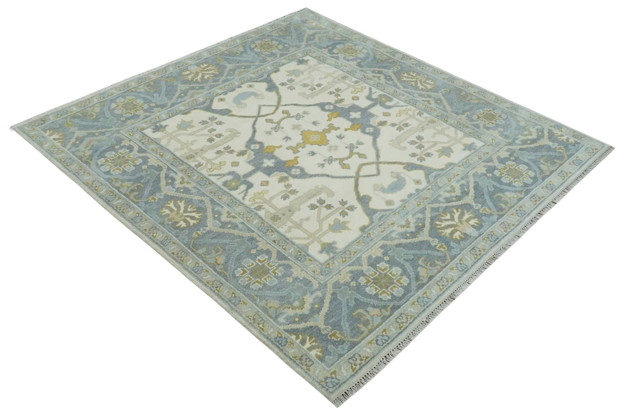 6x6 Square Hand Knotted Oriental Oushak Ivory, Charcoal and Beige Wool Area Rug - Image 9