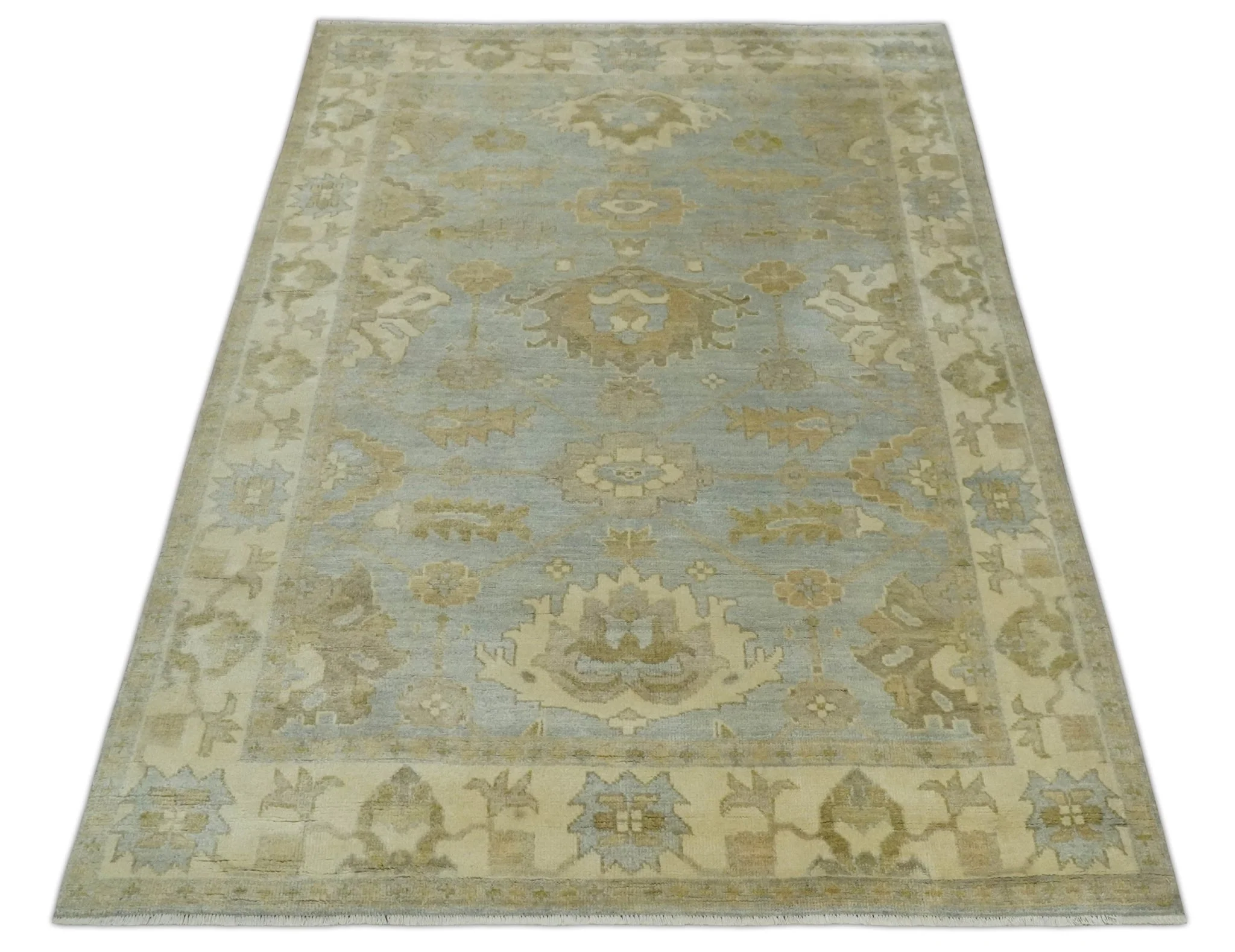 6x8 Hand Knotted Silver and Beige Antique Style Traditional Oushak Wool Rug - Image 10