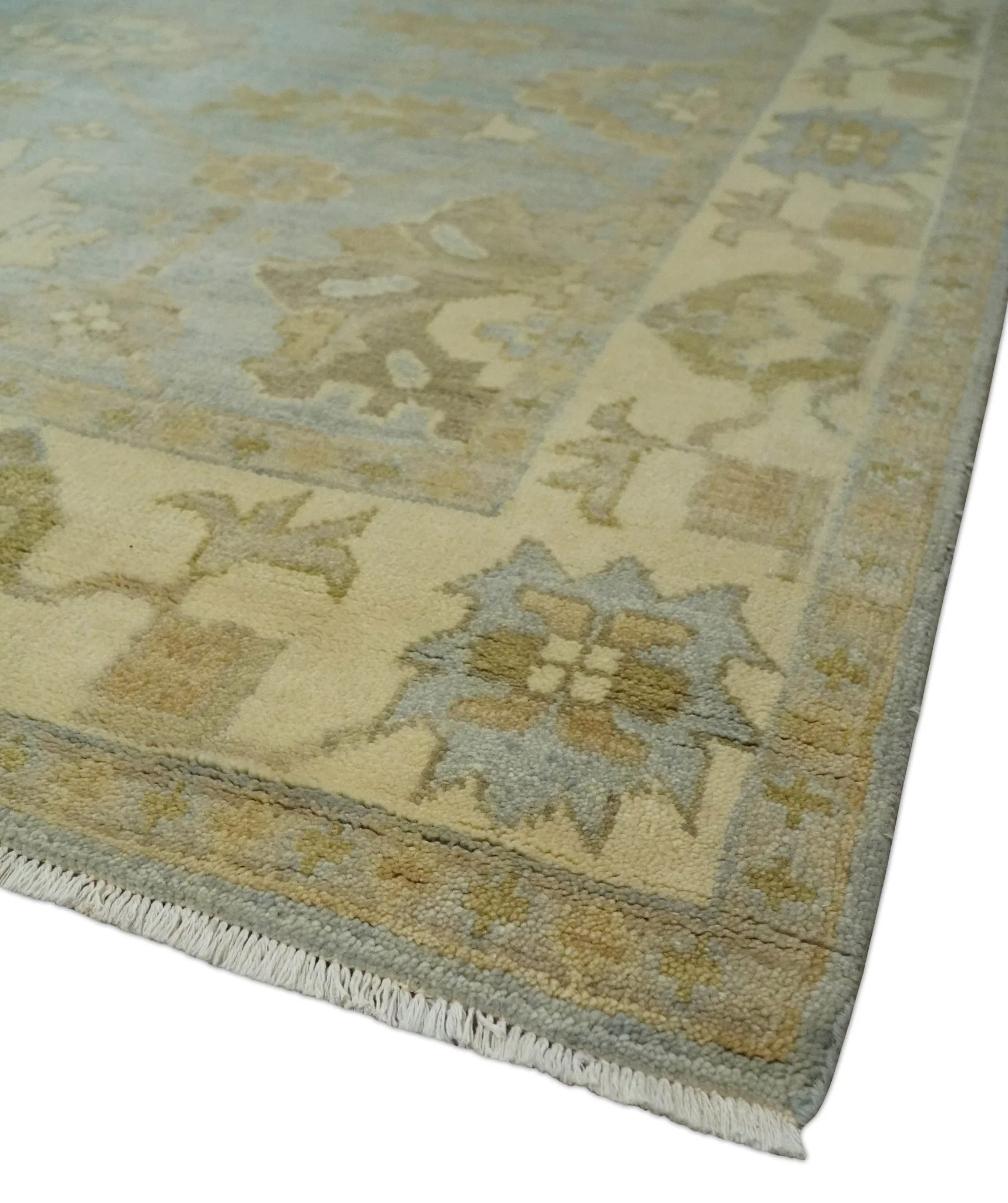 6x8 Hand Knotted Silver and Beige Antique Style Traditional Oushak Wool Rug - Image 5