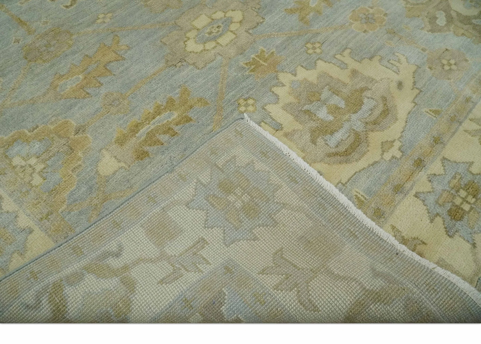 6x8 Hand Knotted Silver and Beige Antique Style Traditional Oushak Wool Rug - Image 7