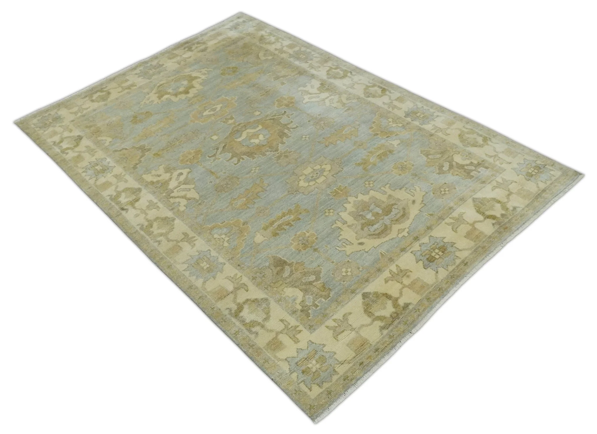 6x8 Hand Knotted Silver and Beige Antique Style Traditional Oushak Wool Rug - Image 9