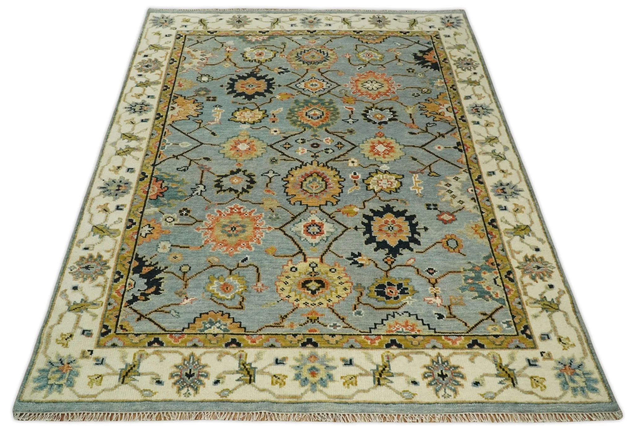 Antique Traditional Silver and Ivory Hand Knotted Oriental Oushak Multi Size wool Area Rug - Image 10