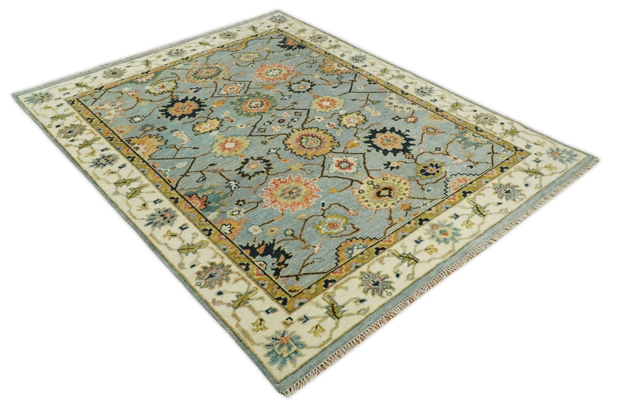 Antique Traditional Silver and Ivory Hand Knotted Oriental Oushak Multi Size wool Area Rug - Image 9