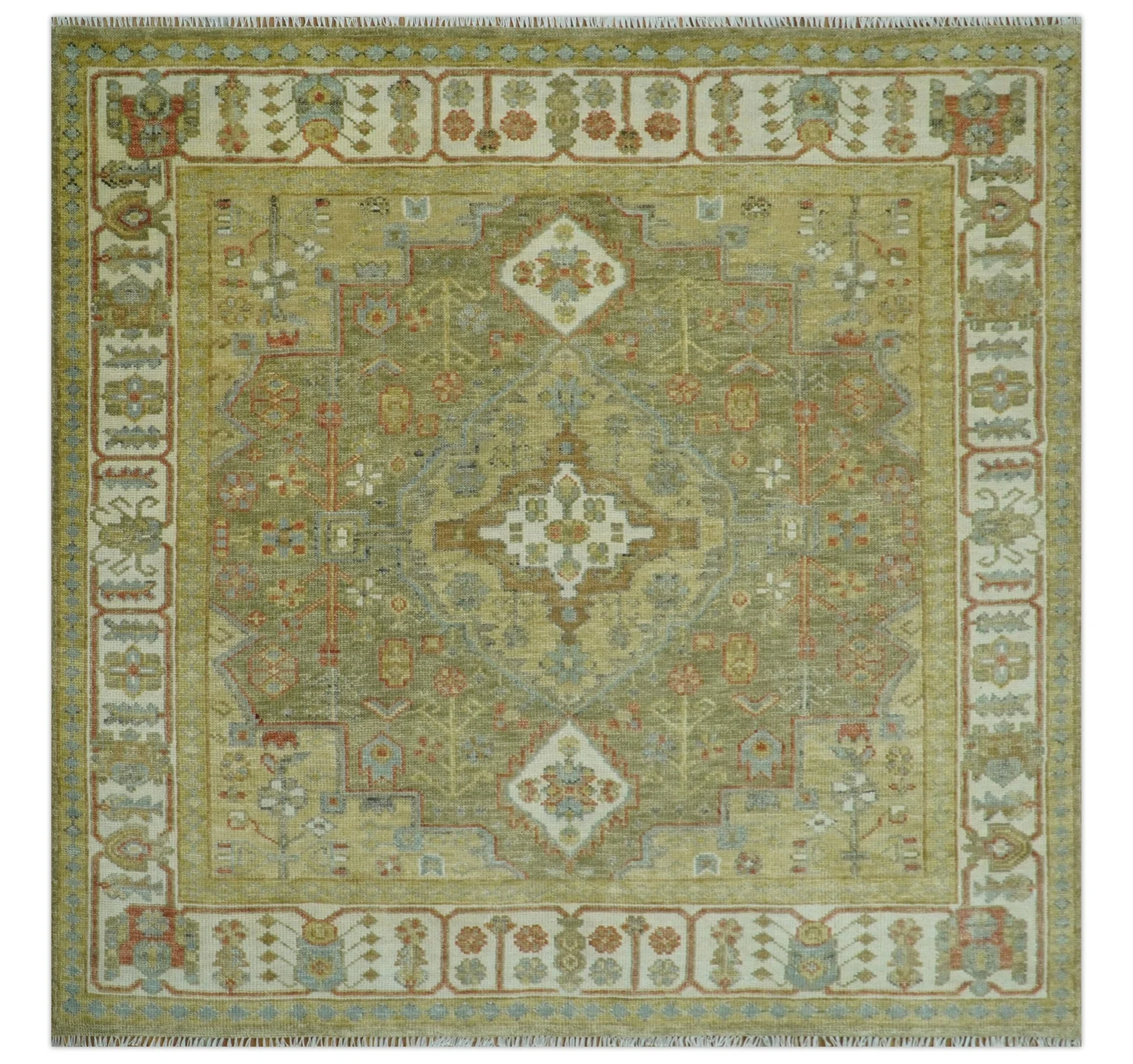 Antique Look Hand Knotted Medallion Olive and Ivory Vintage Style Wool Rug - Image 11