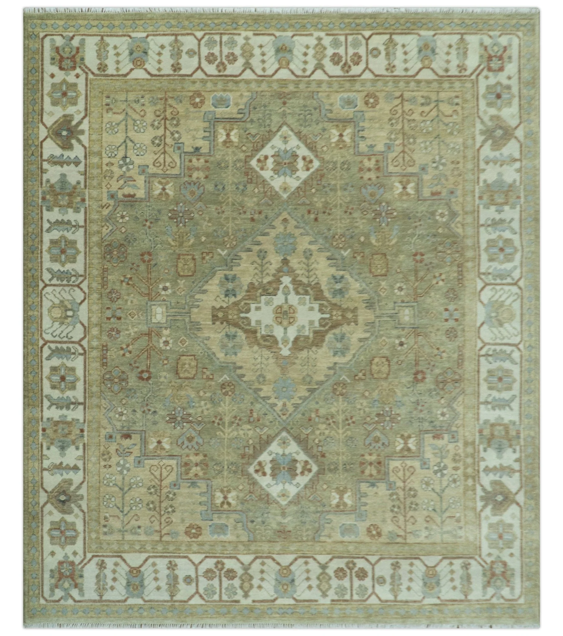 Antique Look Hand Knotted Medallion Olive and Ivory Vintage Style Wool Rug - Image 12