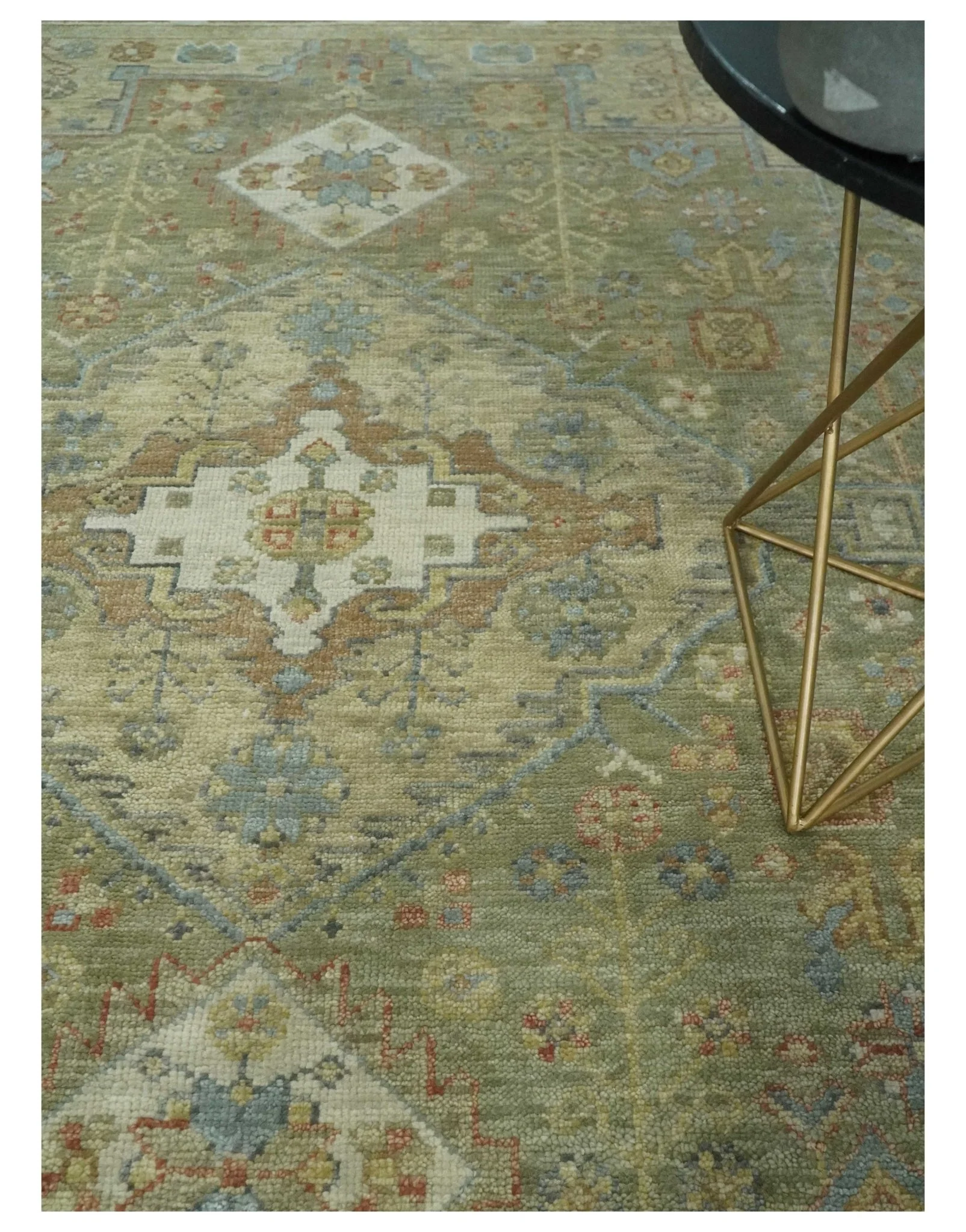 Antique Look Hand Knotted Medallion Olive and Ivory Vintage Style Wool Rug - Image 2