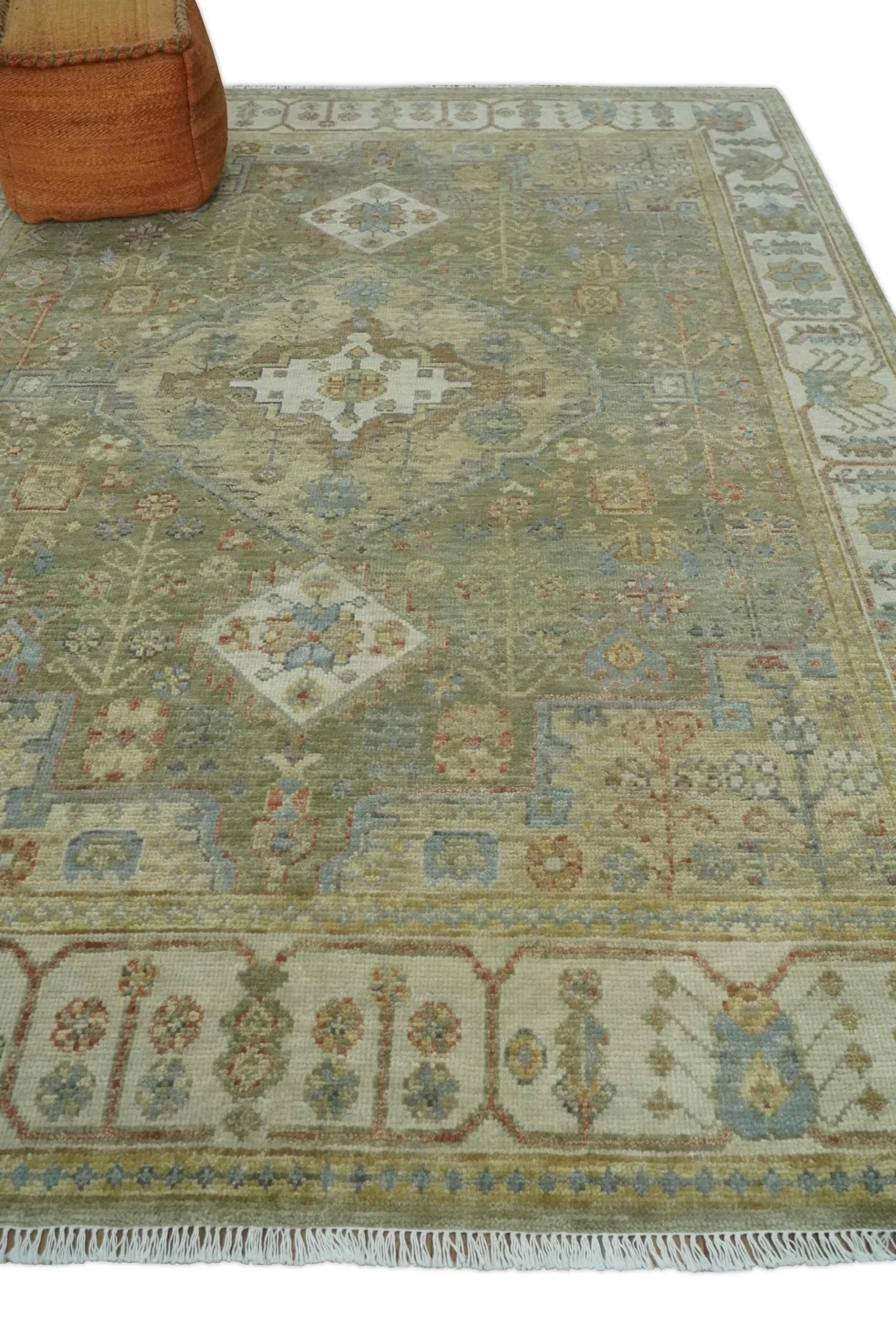 Antique Look Hand Knotted Medallion Olive and Ivory Vintage Style Wool Rug - Image 3