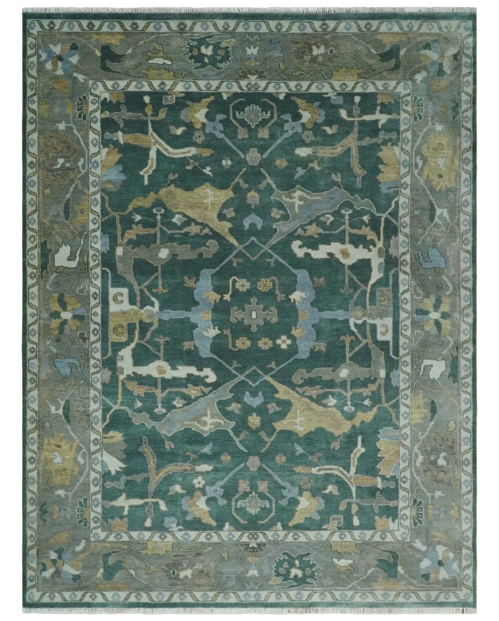 Hand Knotted Oriental Oushak Green and Gray Multi Size Wool Area Rug - Image 11