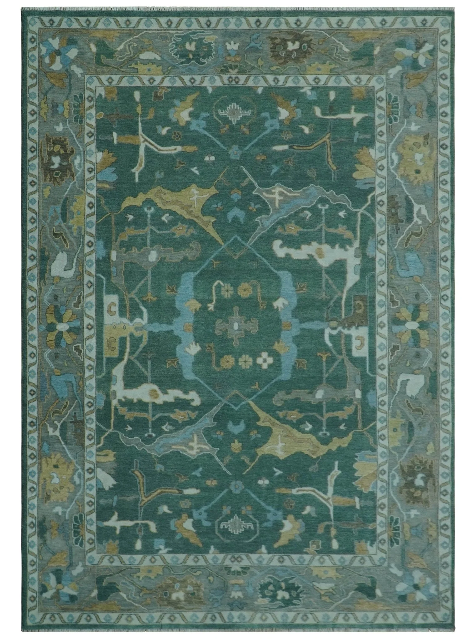 Hand Knotted Oriental Oushak Green and Gray Multi Size Wool Area Rug - Image 12