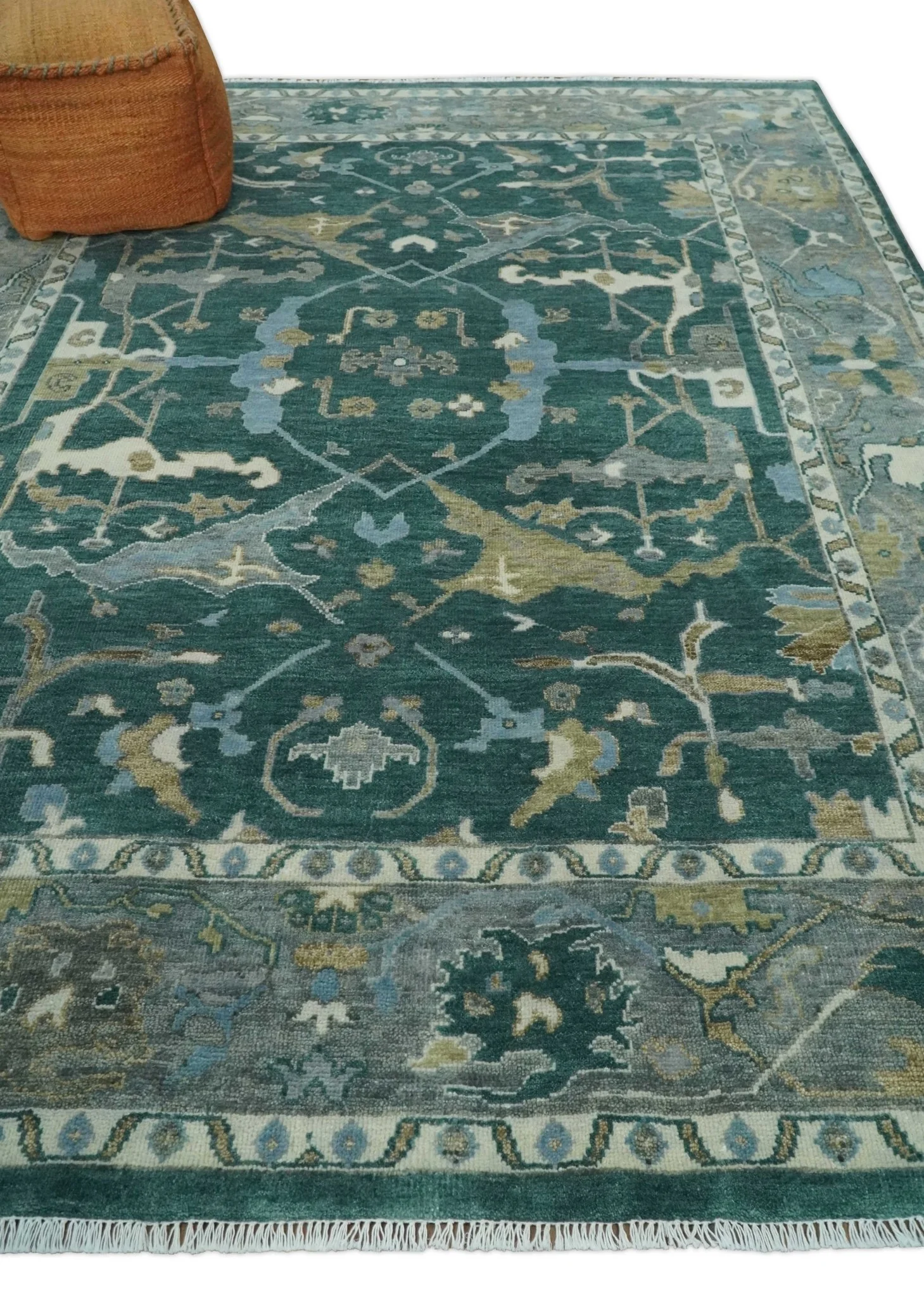 Hand Knotted Oriental Oushak Green and Gray Multi Size Wool Area Rug - Image 3