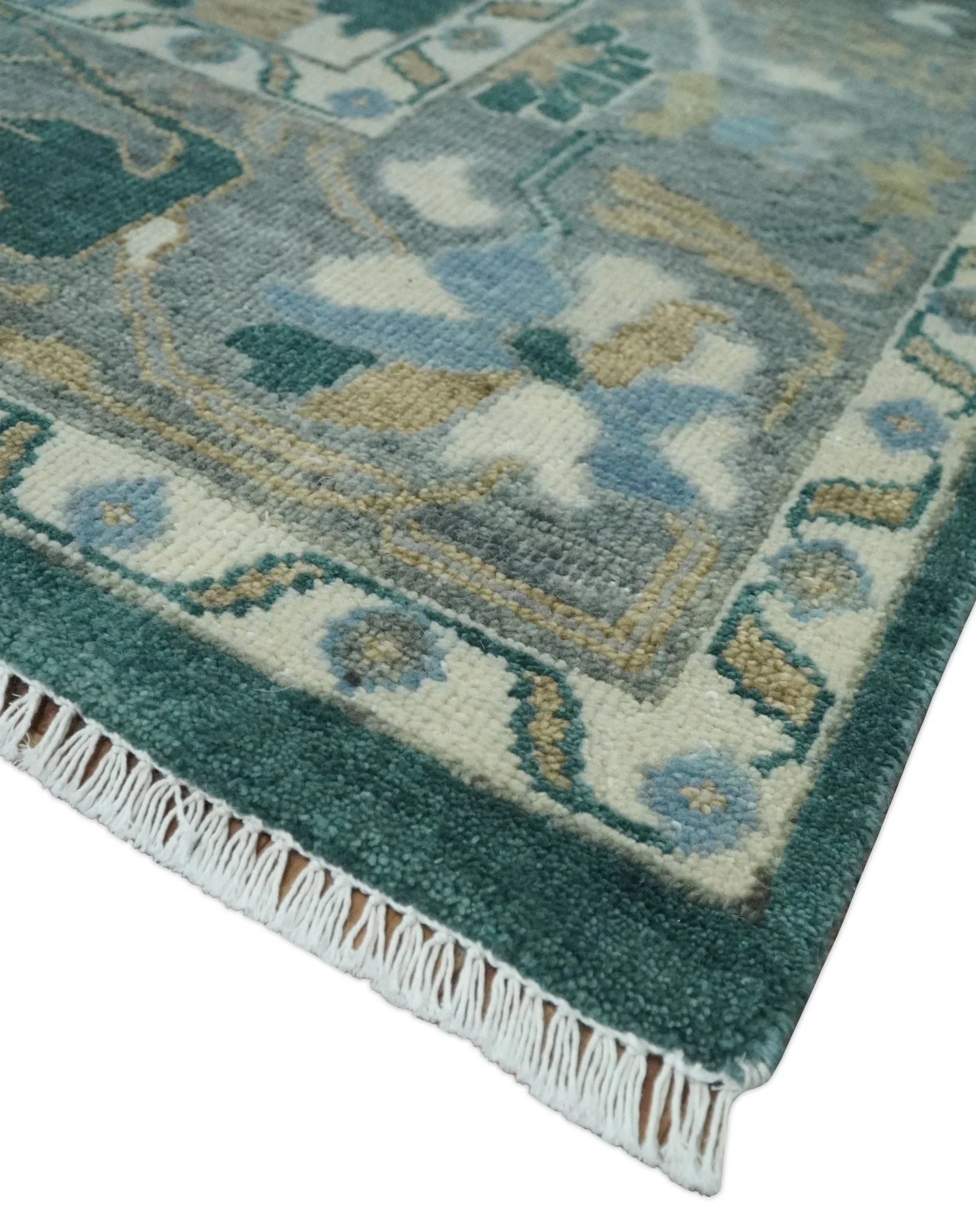 Hand Knotted Oriental Oushak Green and Gray Multi Size Wool Area Rug - Image 5