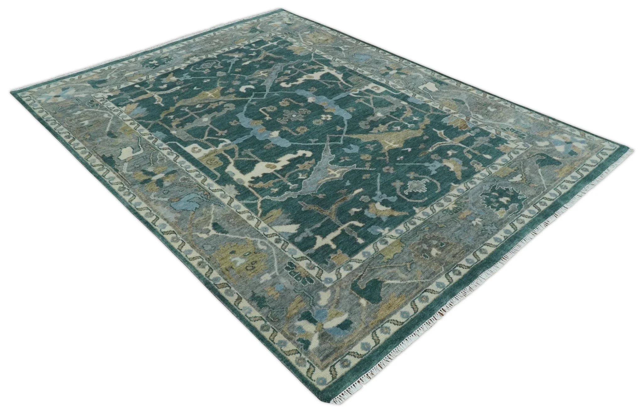 Hand Knotted Oriental Oushak Green and Gray Multi Size Wool Area Rug - Image 9