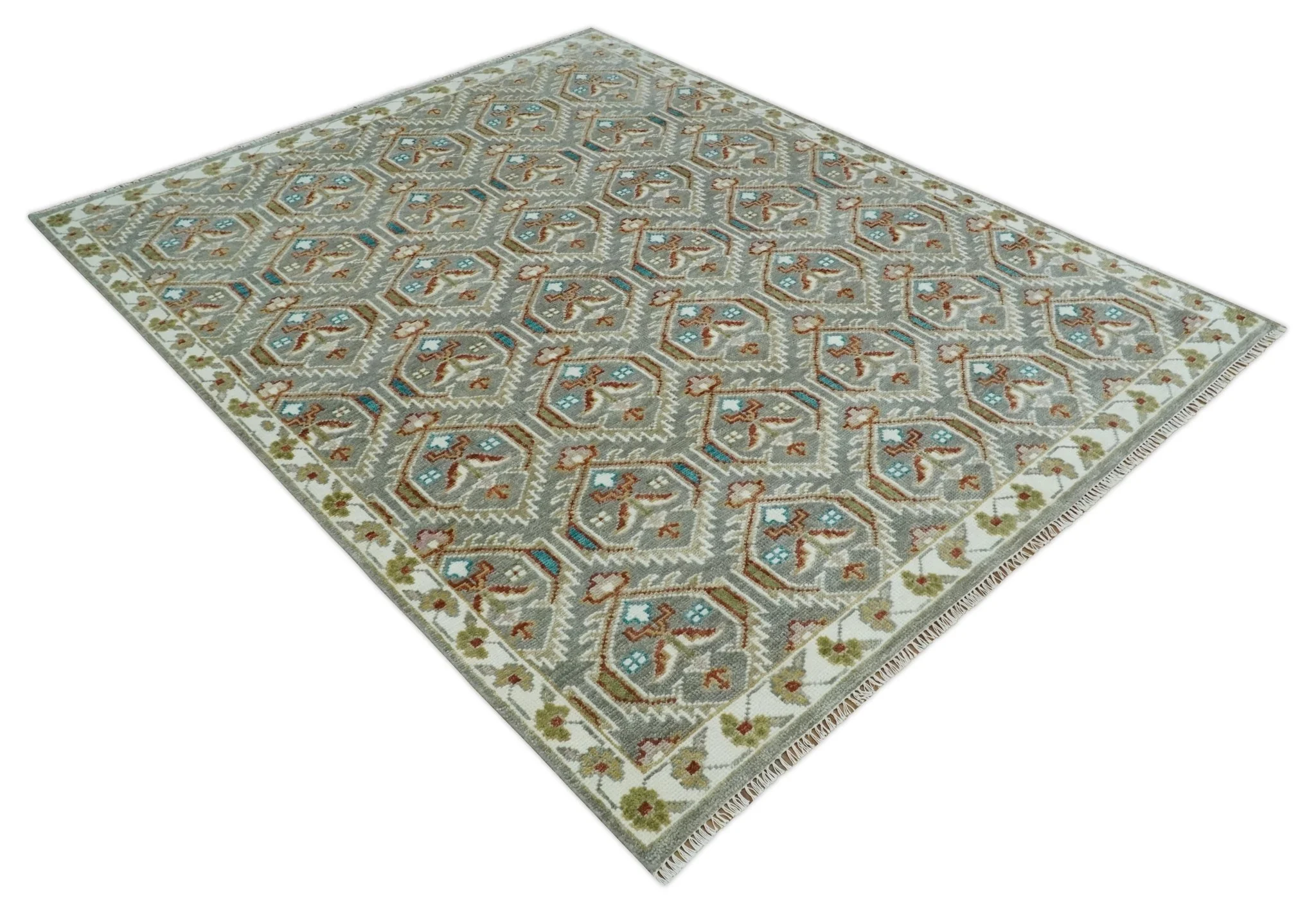 Antique look Traditional Hand Knotted Silver, Ivory and Rust Multi Size Area Rug - Image 10