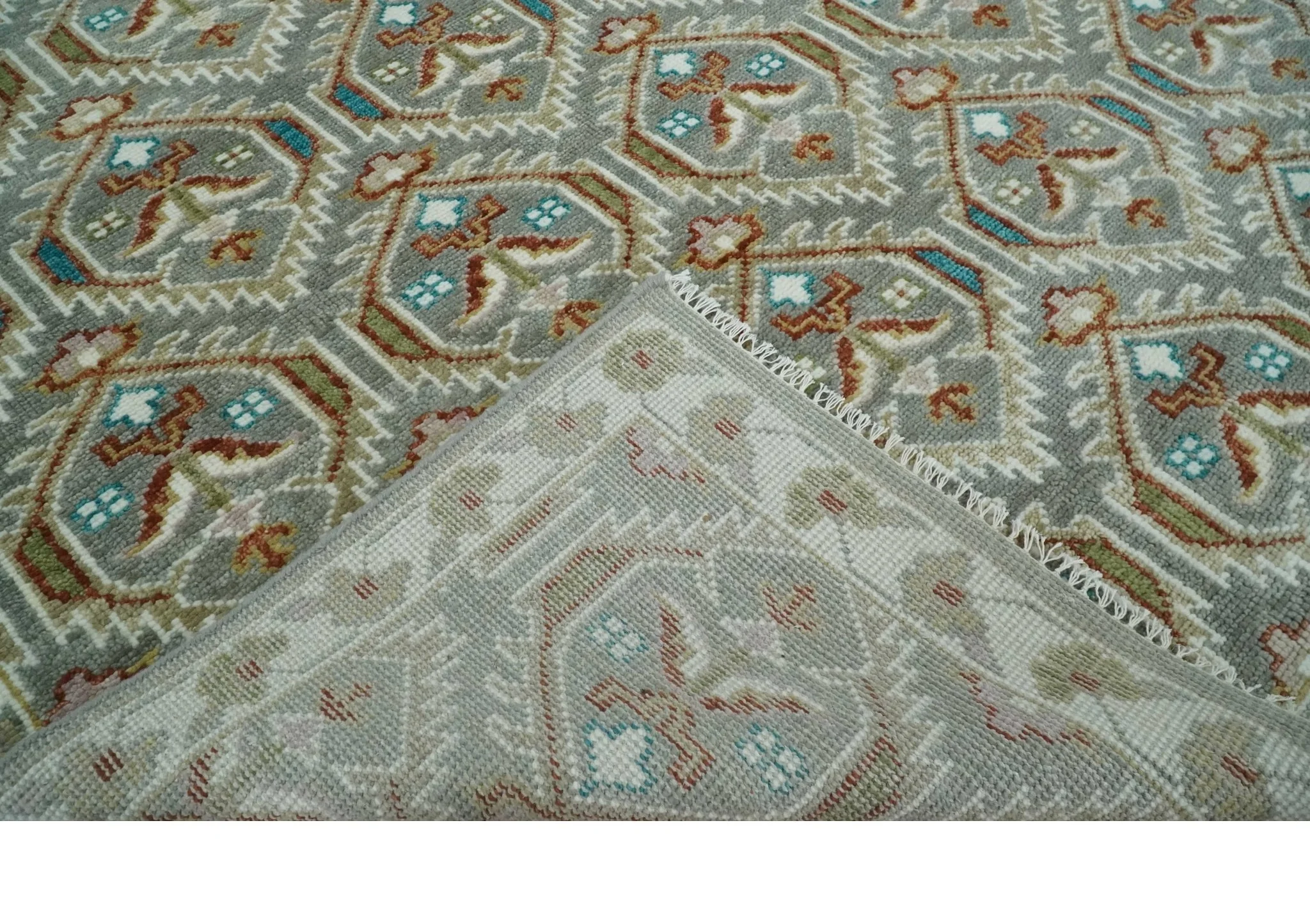 Antique look Traditional Hand Knotted Silver, Ivory and Rust Multi Size Area Rug - Image 7