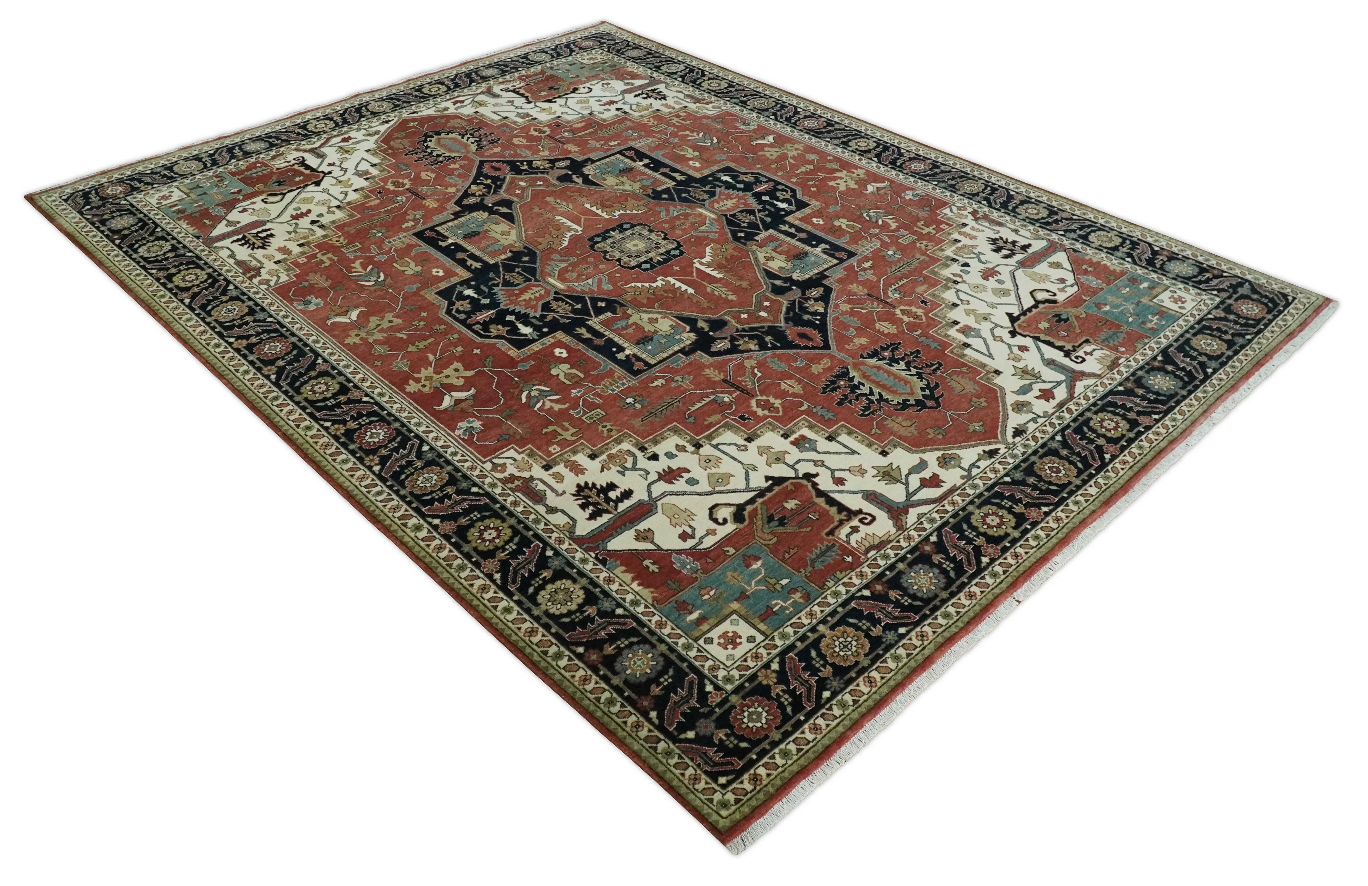 8x10 and 9x12 Wool Hand Knotted Heriz Serapi Black, Rust and Ivory Floral Area Rug | TRDCP1063 - Image 10