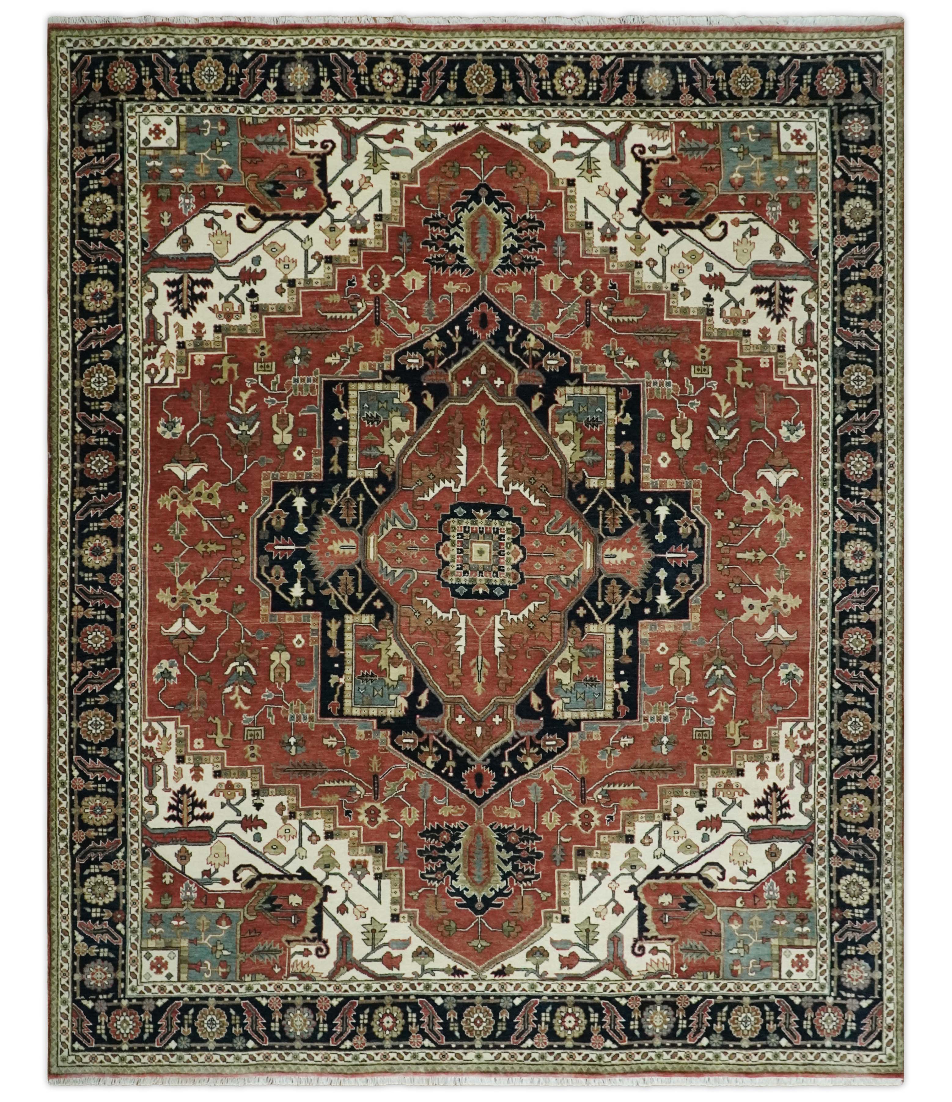 8x10 and 9x12 Wool Hand Knotted Heriz Serapi Black, Rust and Ivory Floral Area Rug | TRDCP1063 - Image 11