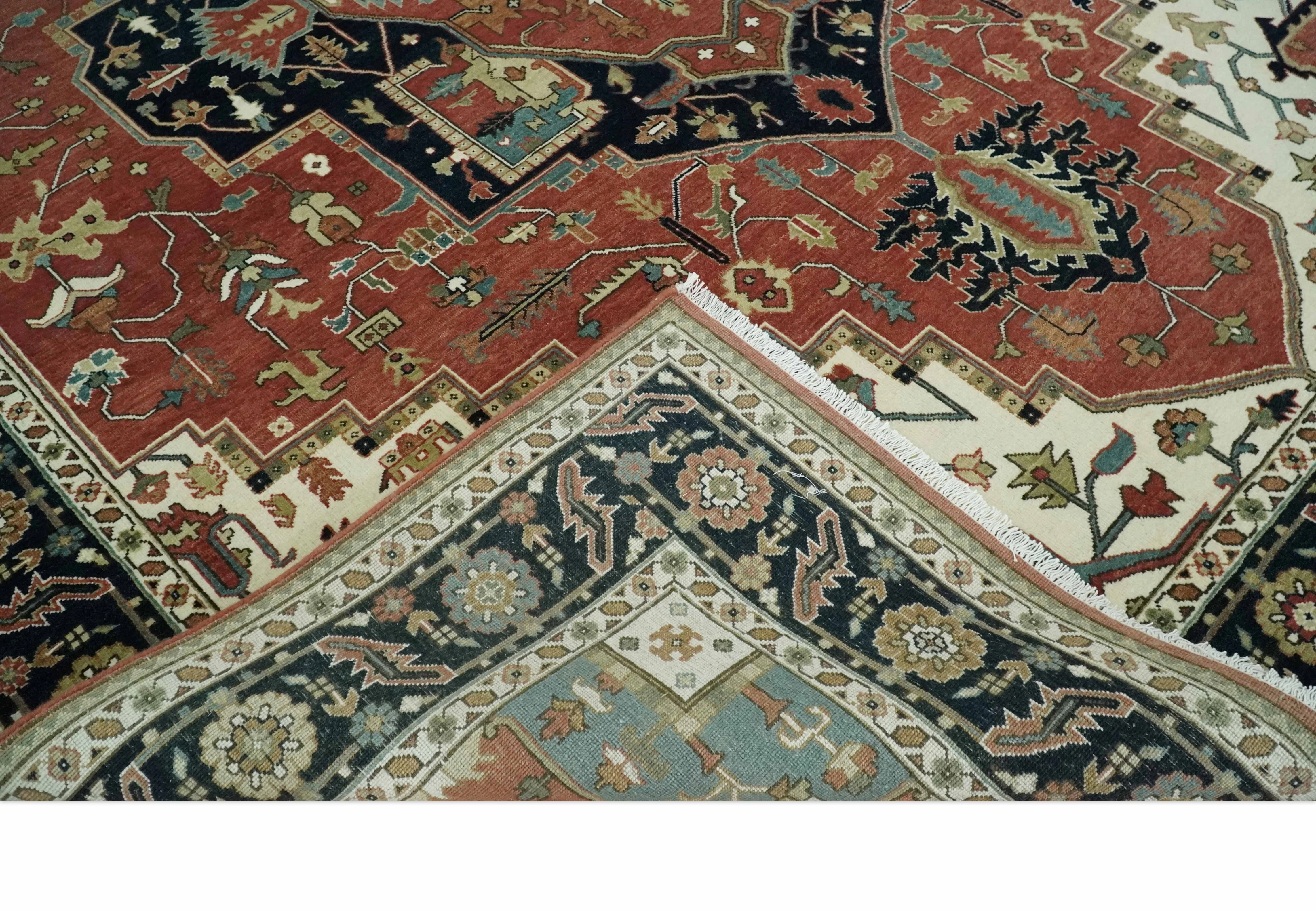 8x10 and 9x12 Wool Hand Knotted Heriz Serapi Black, Rust and Ivory Floral Area Rug | TRDCP1063 - Image 6