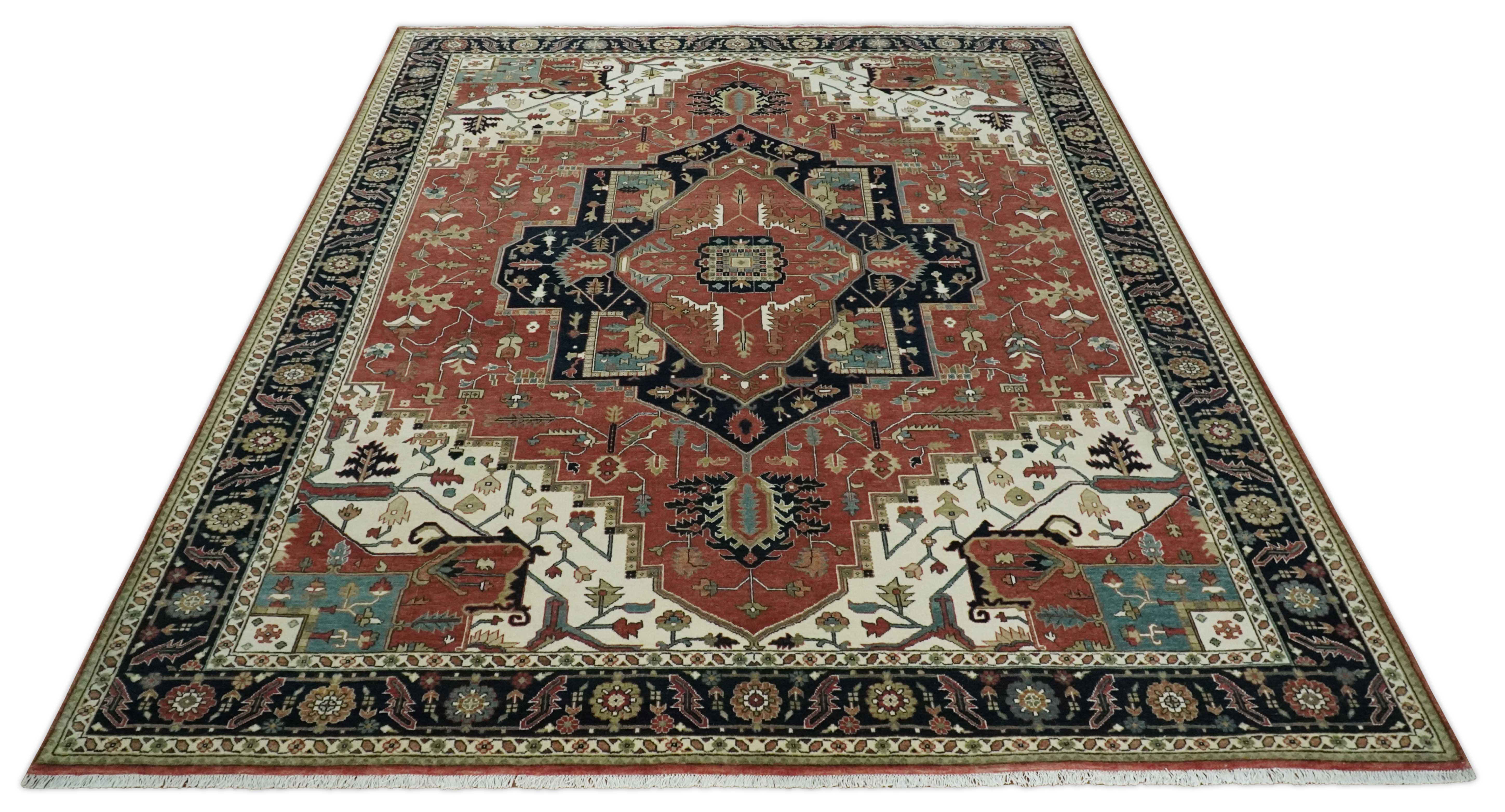 8x10 and 9x12 Wool Hand Knotted Heriz Serapi Black, Rust and Ivory Floral Area Rug | TRDCP1063 - Image 9