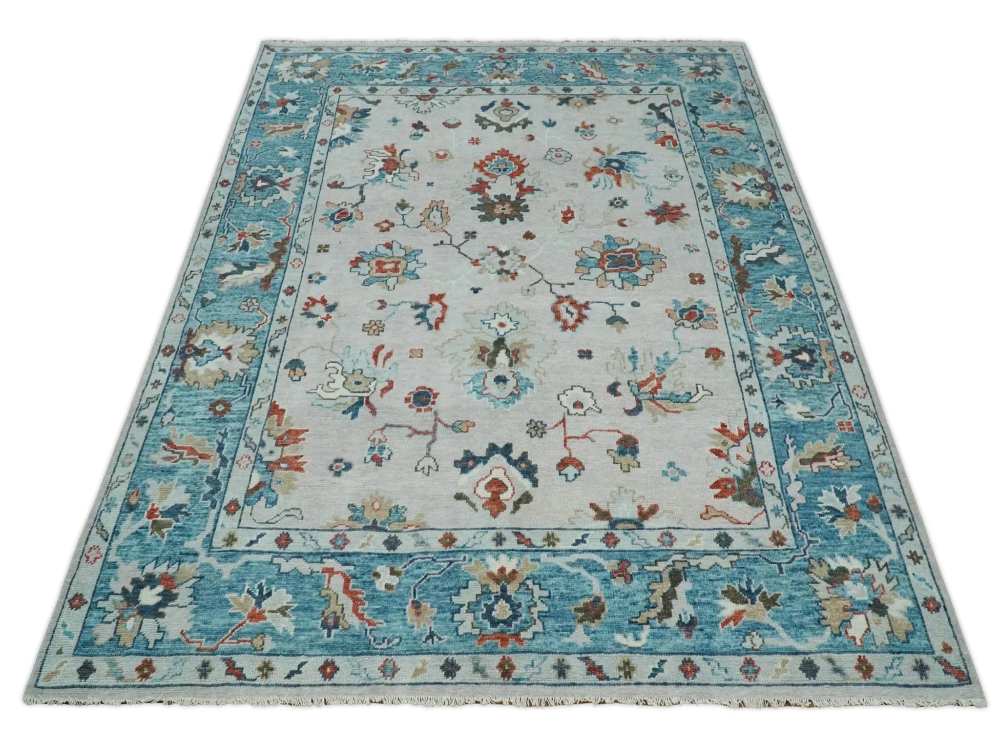 Ivory and Blue Vibrant Colorful Hand knotted Traditional Oushak Multi Size wool Area Rug - Image 10