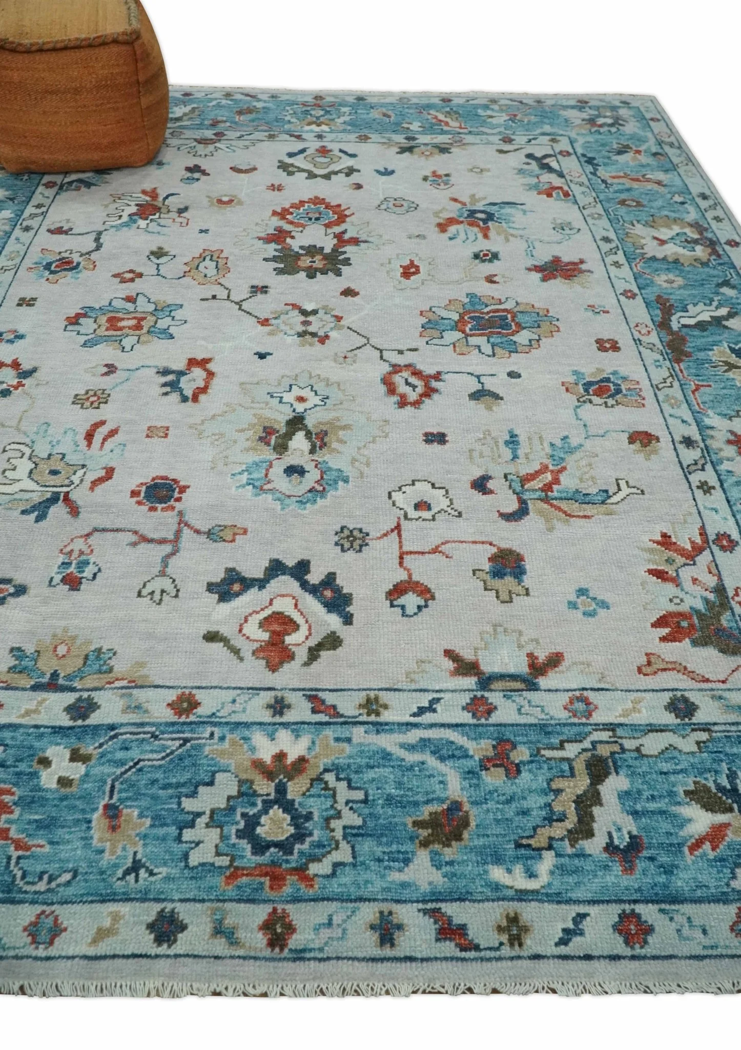 Ivory and Blue Vibrant Colorful Hand knotted Traditional Oushak Multi Size wool Area Rug - Image 3