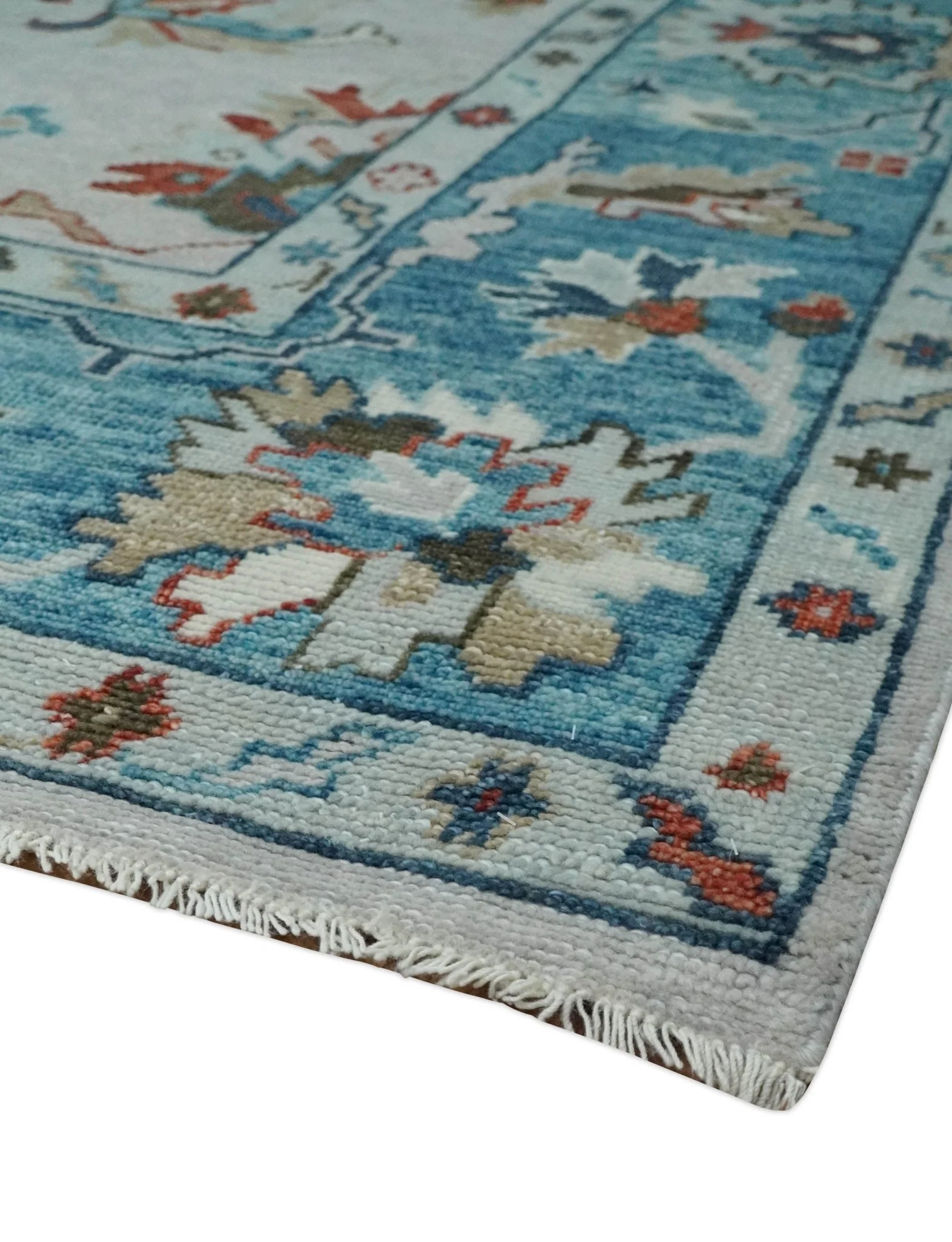 Ivory and Blue Vibrant Colorful Hand knotted Traditional Oushak Multi Size wool Area Rug - Image 5