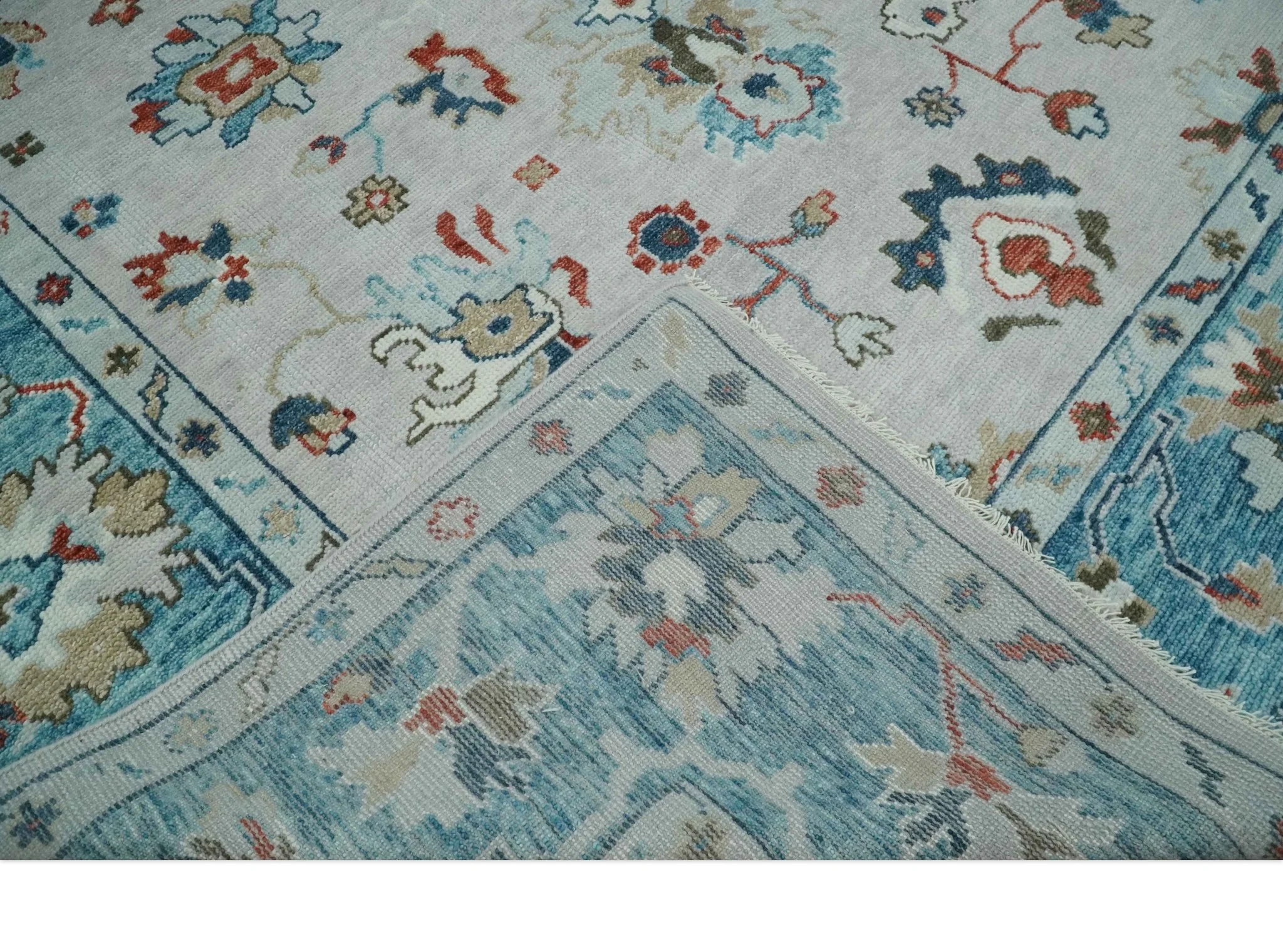 Ivory and Blue Vibrant Colorful Hand knotted Traditional Oushak Multi Size wool Area Rug - Image 7