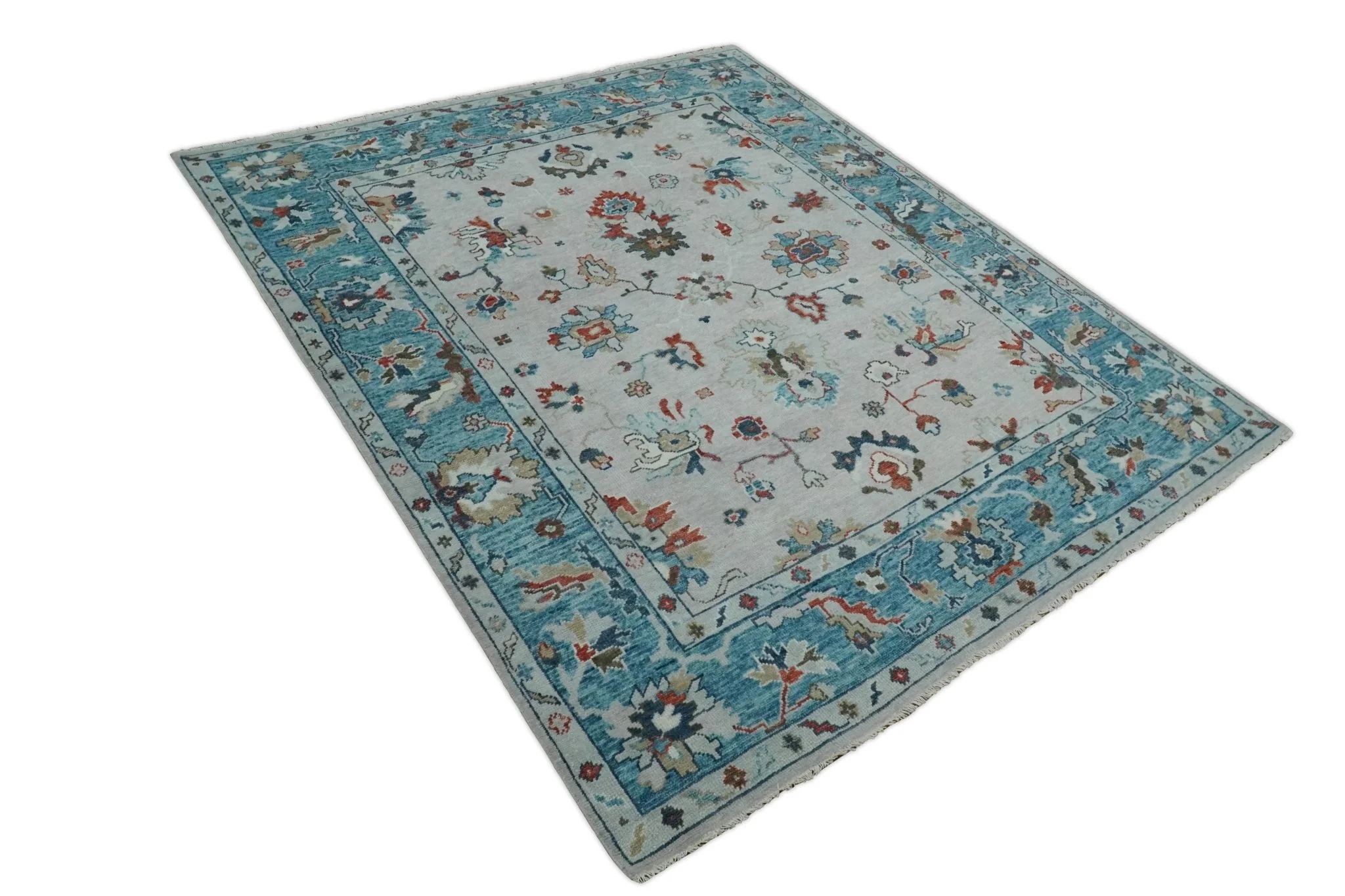 Ivory and Blue Vibrant Colorful Hand knotted Traditional Oushak Multi Size wool Area Rug - Image 9