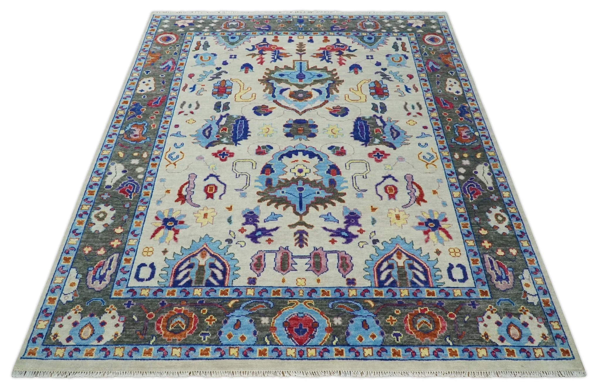 Custom Made Ivory and Gray Vibrant Colorful Hand knotted Traditional Oushak wool Area Rug - Image 10