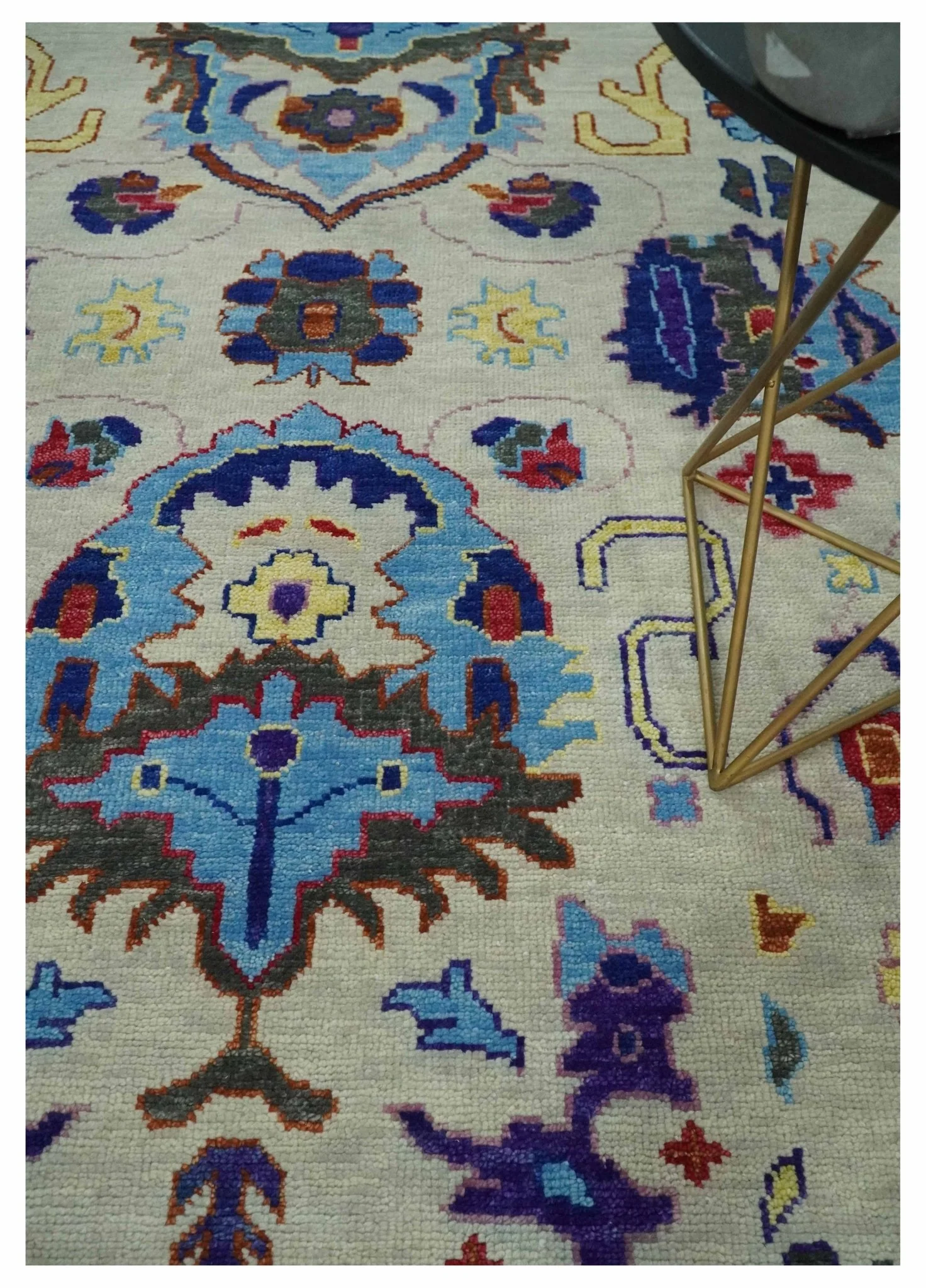 Custom Made Ivory and Gray Vibrant Colorful Hand knotted Traditional Oushak wool Area Rug - Image 2