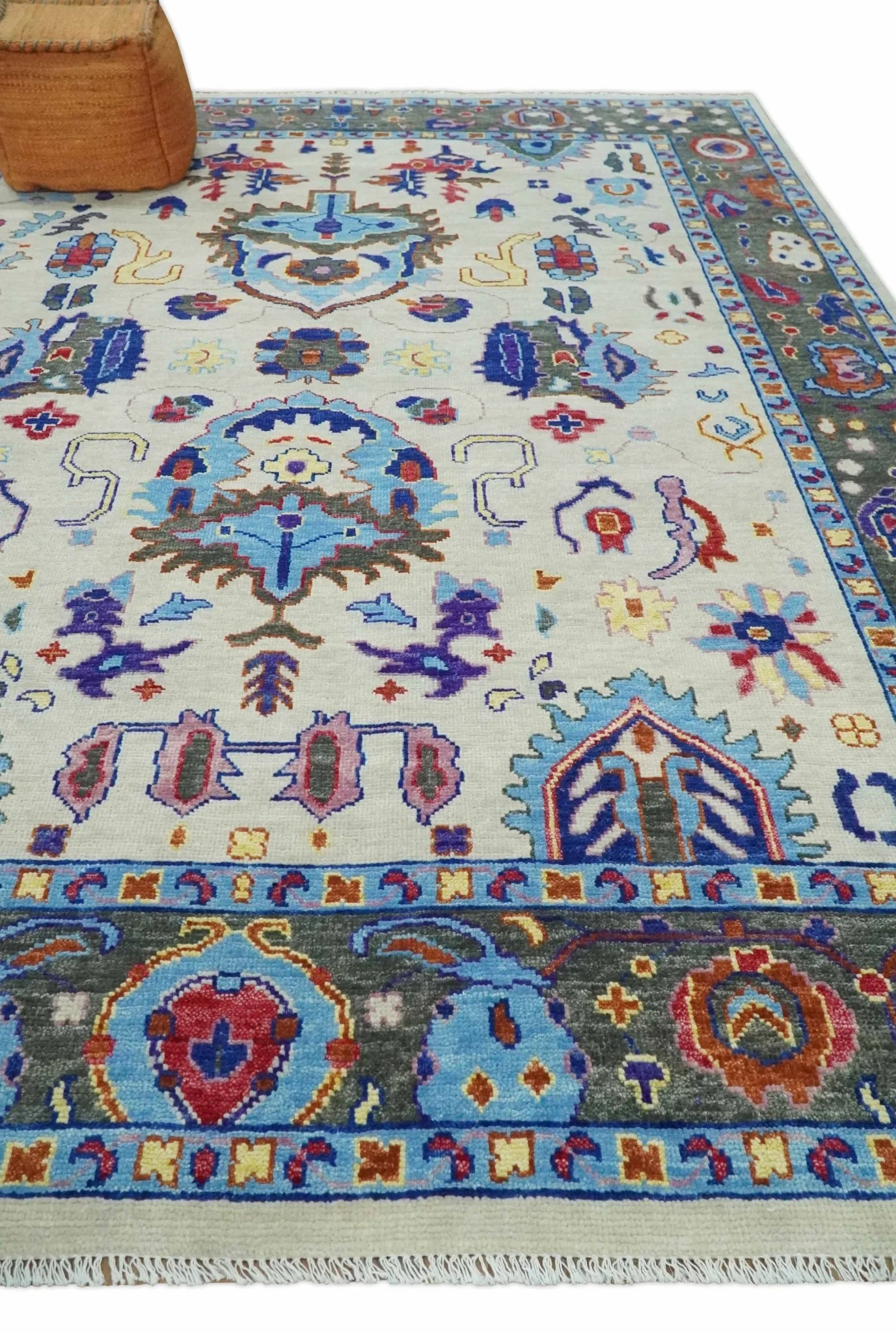 Custom Made Ivory and Gray Vibrant Colorful Hand knotted Traditional Oushak wool Area Rug - Image 3