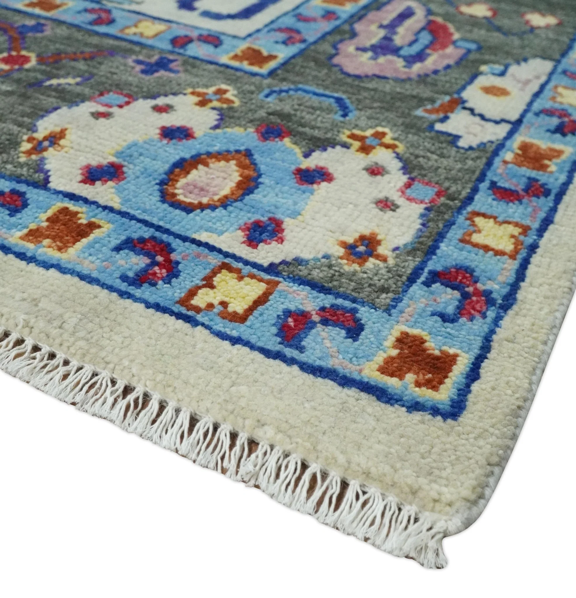 Custom Made Ivory and Gray Vibrant Colorful Hand knotted Traditional Oushak wool Area Rug - Image 5