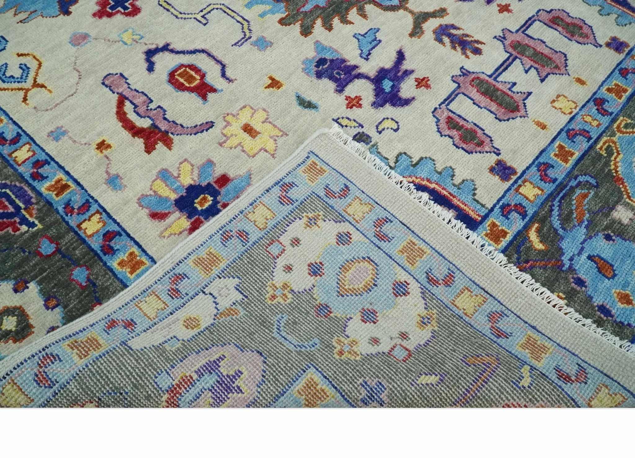 Custom Made Ivory and Gray Vibrant Colorful Hand knotted Traditional Oushak wool Area Rug - Image 6
