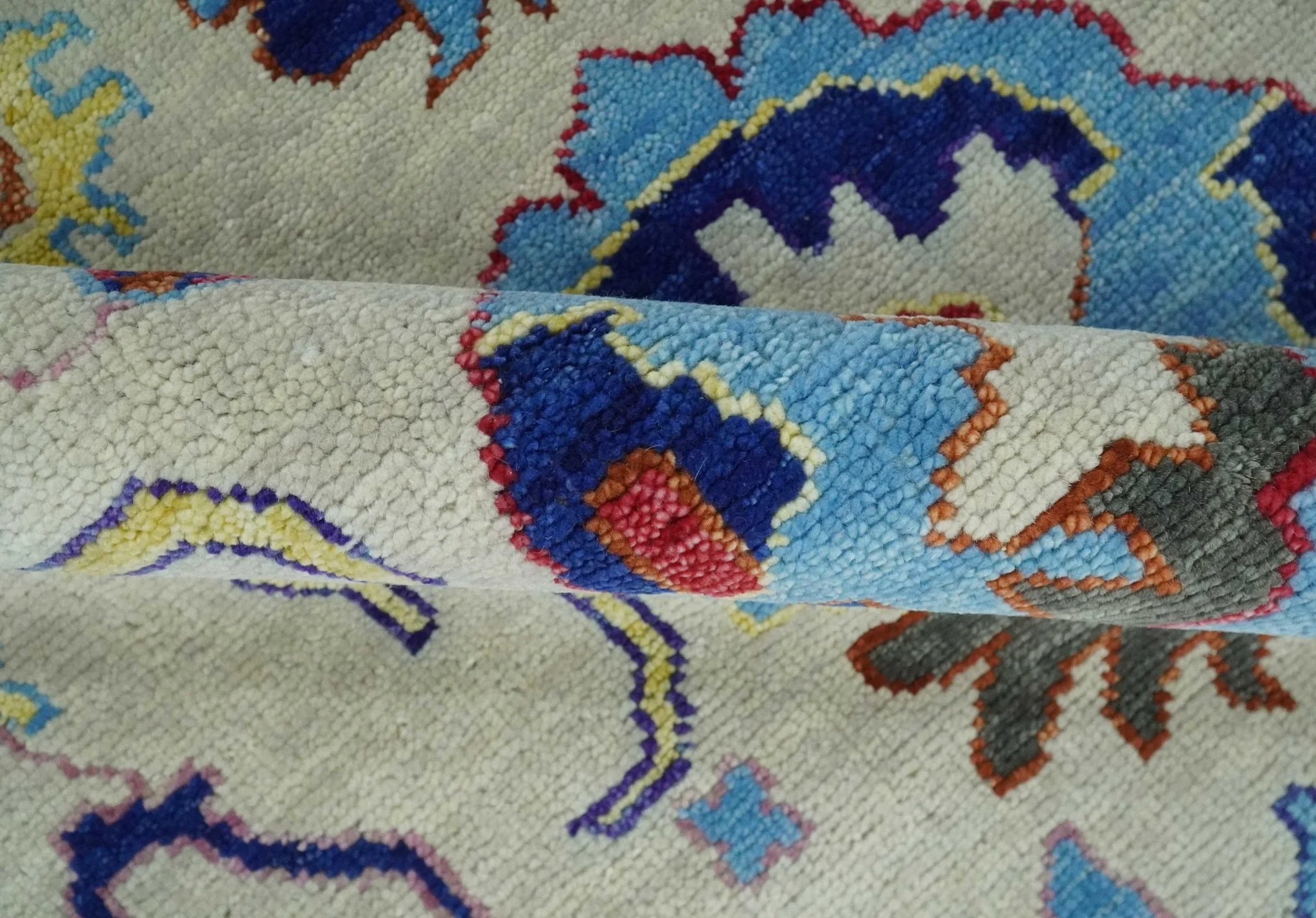 Custom Made Ivory and Gray Vibrant Colorful Hand knotted Traditional Oushak wool Area Rug - Image 8