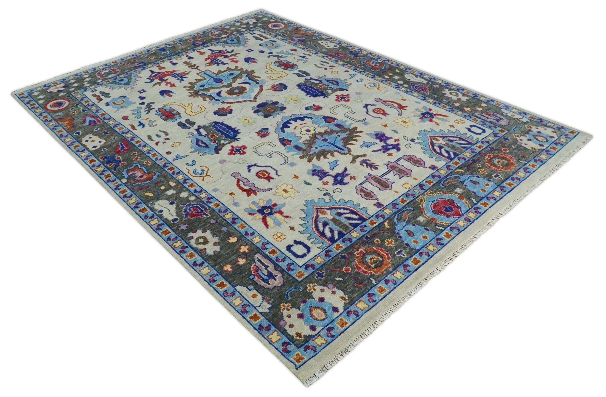 Custom Made Ivory and Gray Vibrant Colorful Hand knotted Traditional Oushak wool Area Rug - Image 9