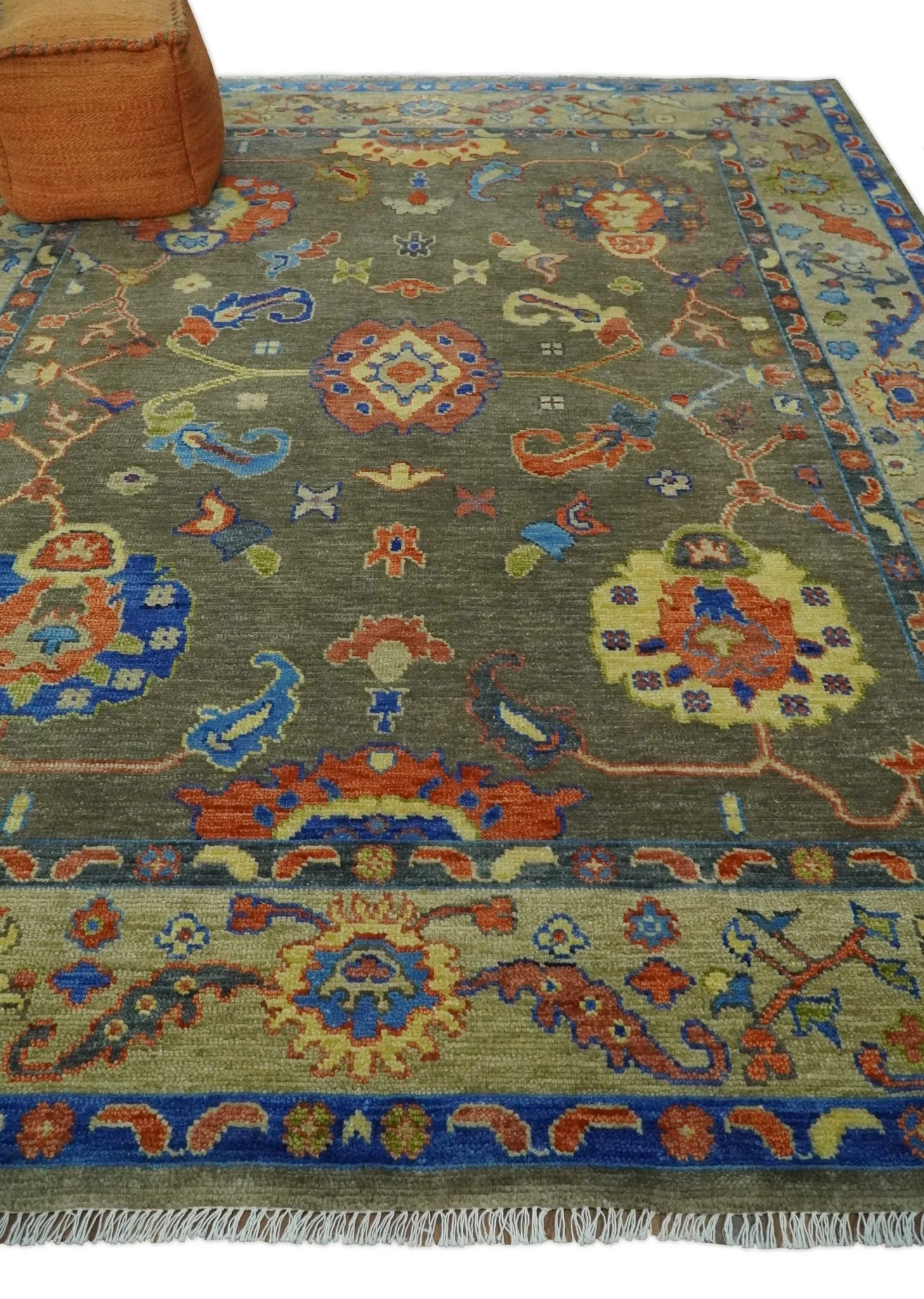 Olive and Blue Vibrant Colorful Traditional Oushak Multi Size wool Area Rug - Image 3
