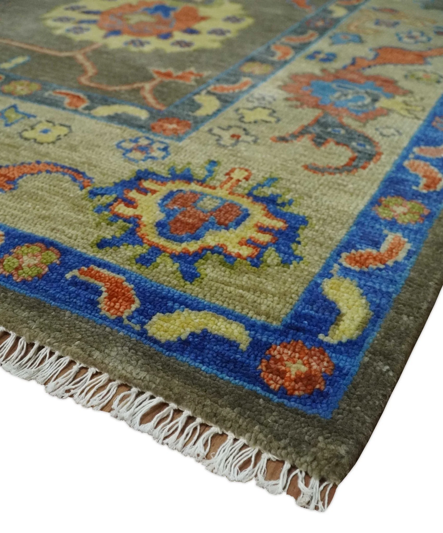 Olive and Blue Vibrant Colorful Traditional Oushak Multi Size wool Area Rug - Image 5