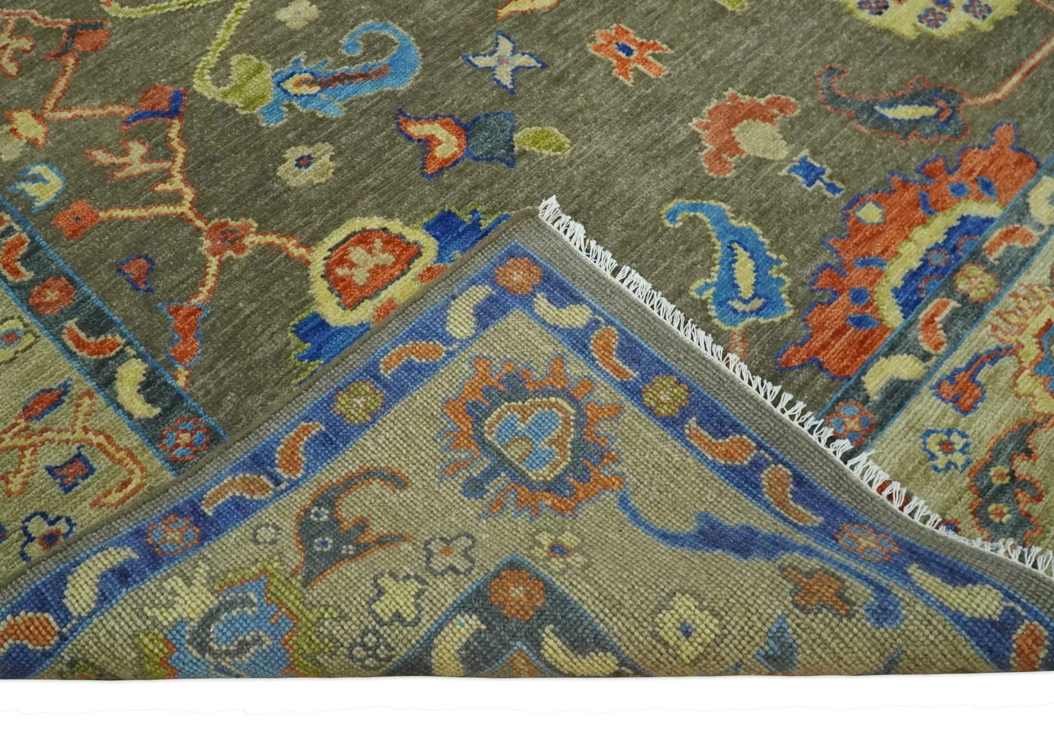 Olive and Blue Vibrant Colorful Traditional Oushak Multi Size wool Area Rug - Image 6