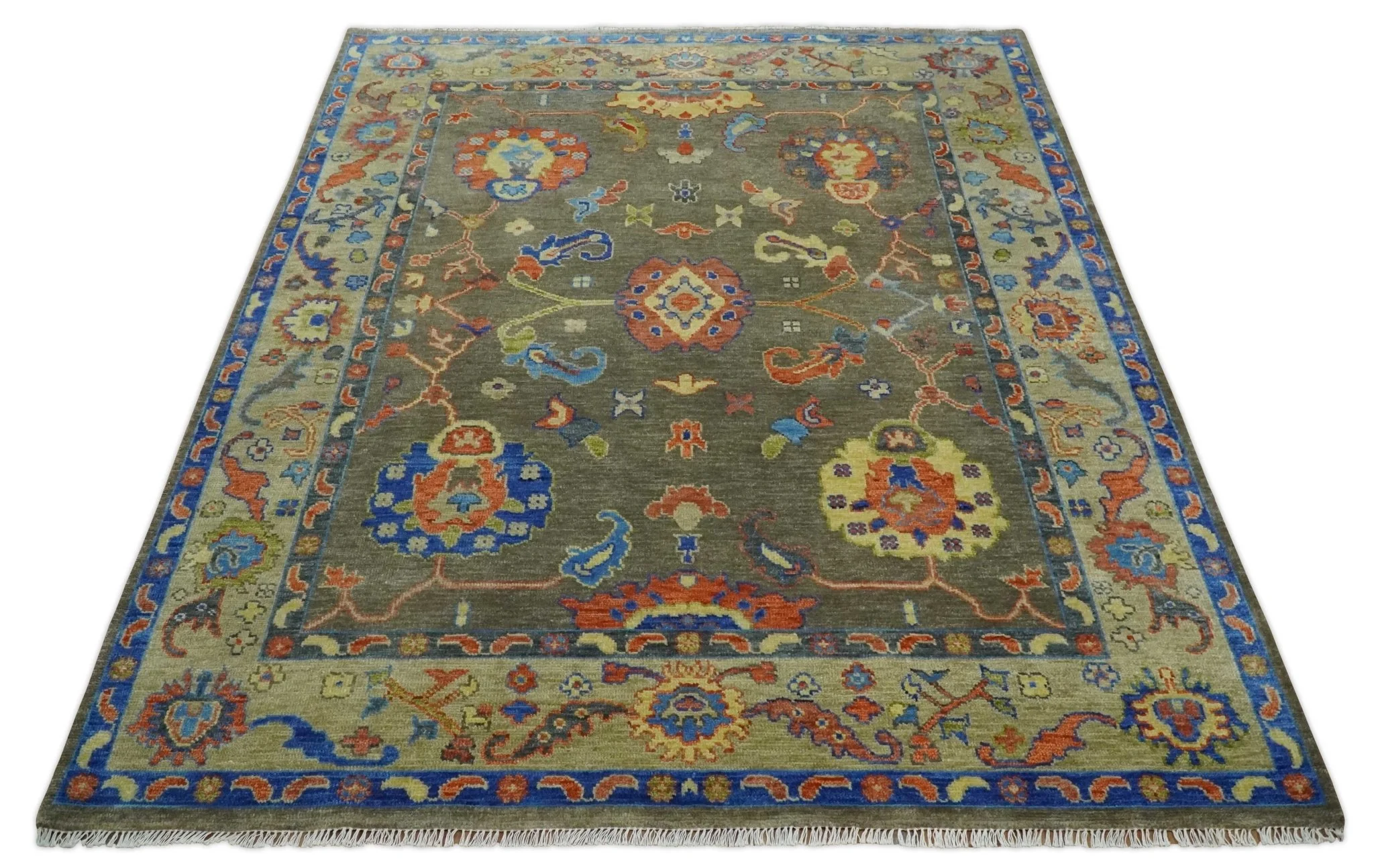 Olive and Blue Vibrant Colorful Traditional Oushak Multi Size wool Area Rug - Image 8