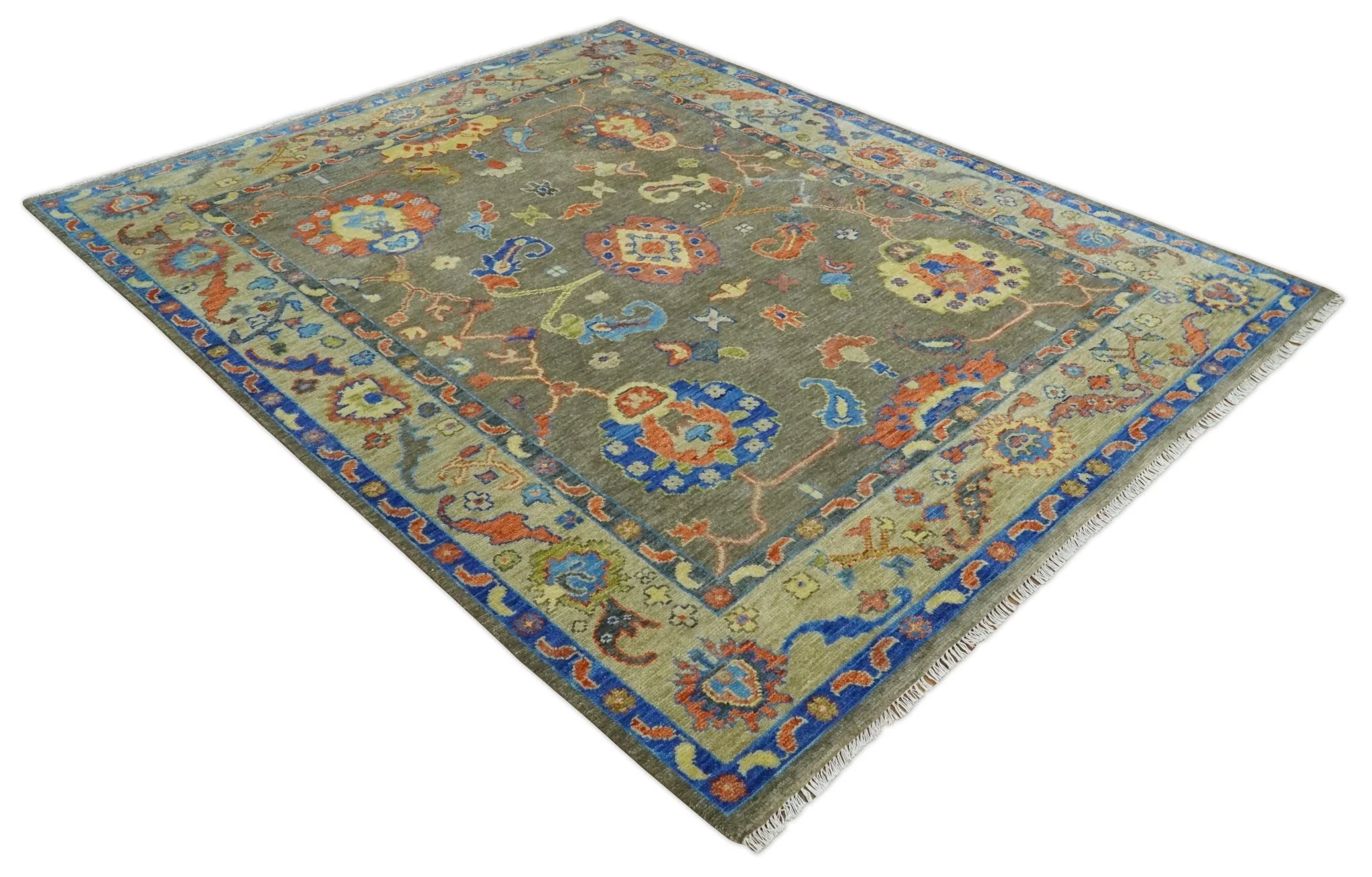 Olive and Blue Vibrant Colorful Traditional Oushak Multi Size wool Area Rug - Image 9