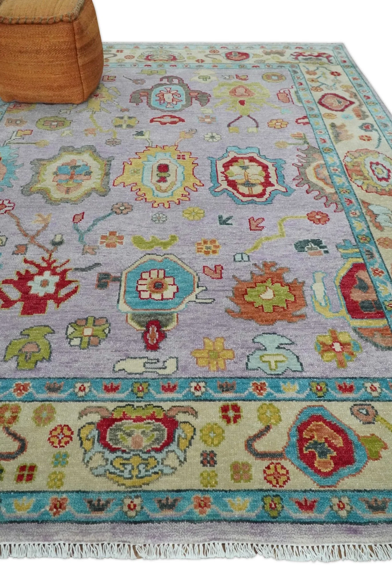 Purple and Beige Vibrant Colorful Hand knotted Traditional Oushak Multi Size Area Rug - Image 3