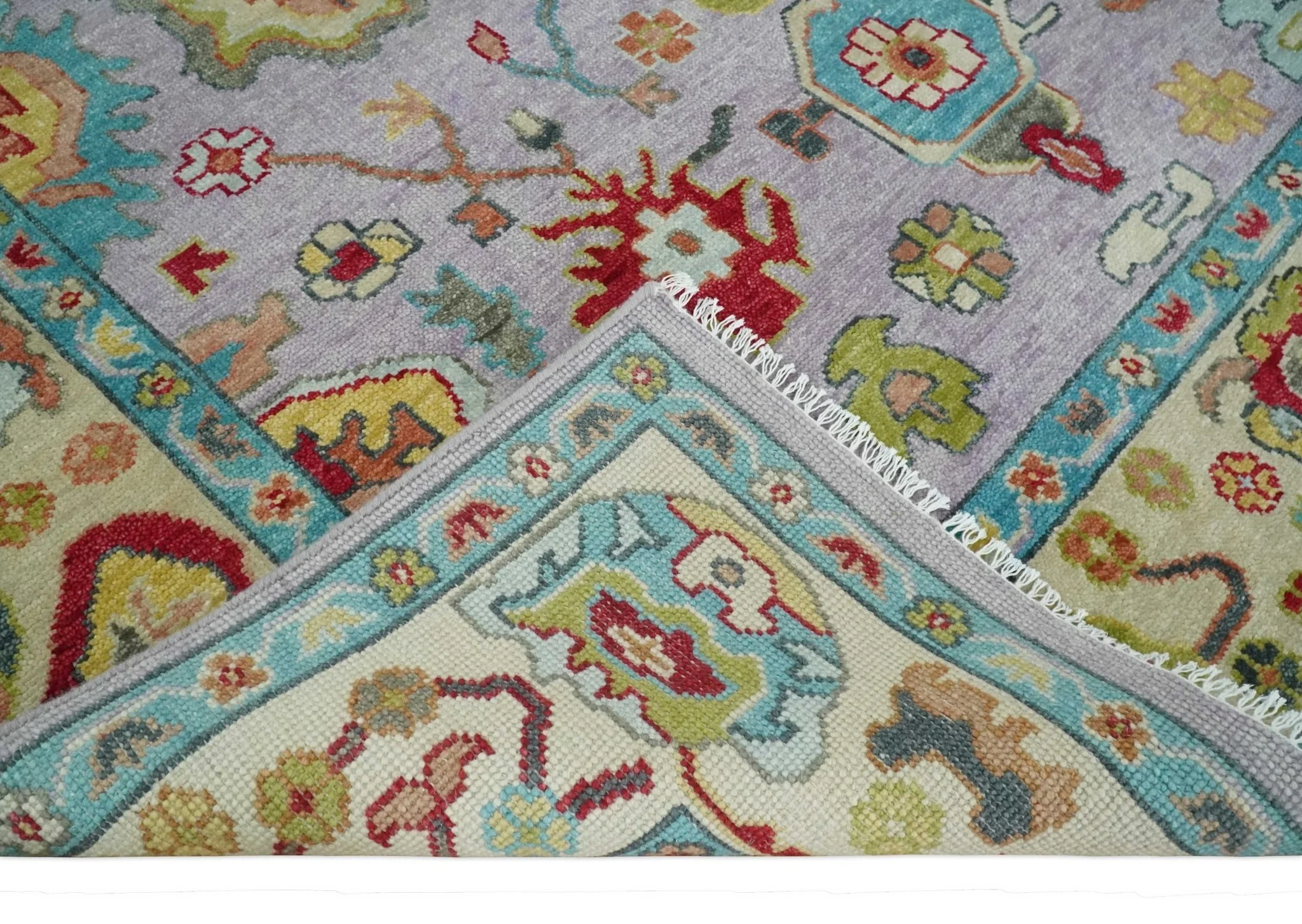 Purple and Beige Vibrant Colorful Hand knotted Traditional Oushak Multi Size Area Rug - Image 6
