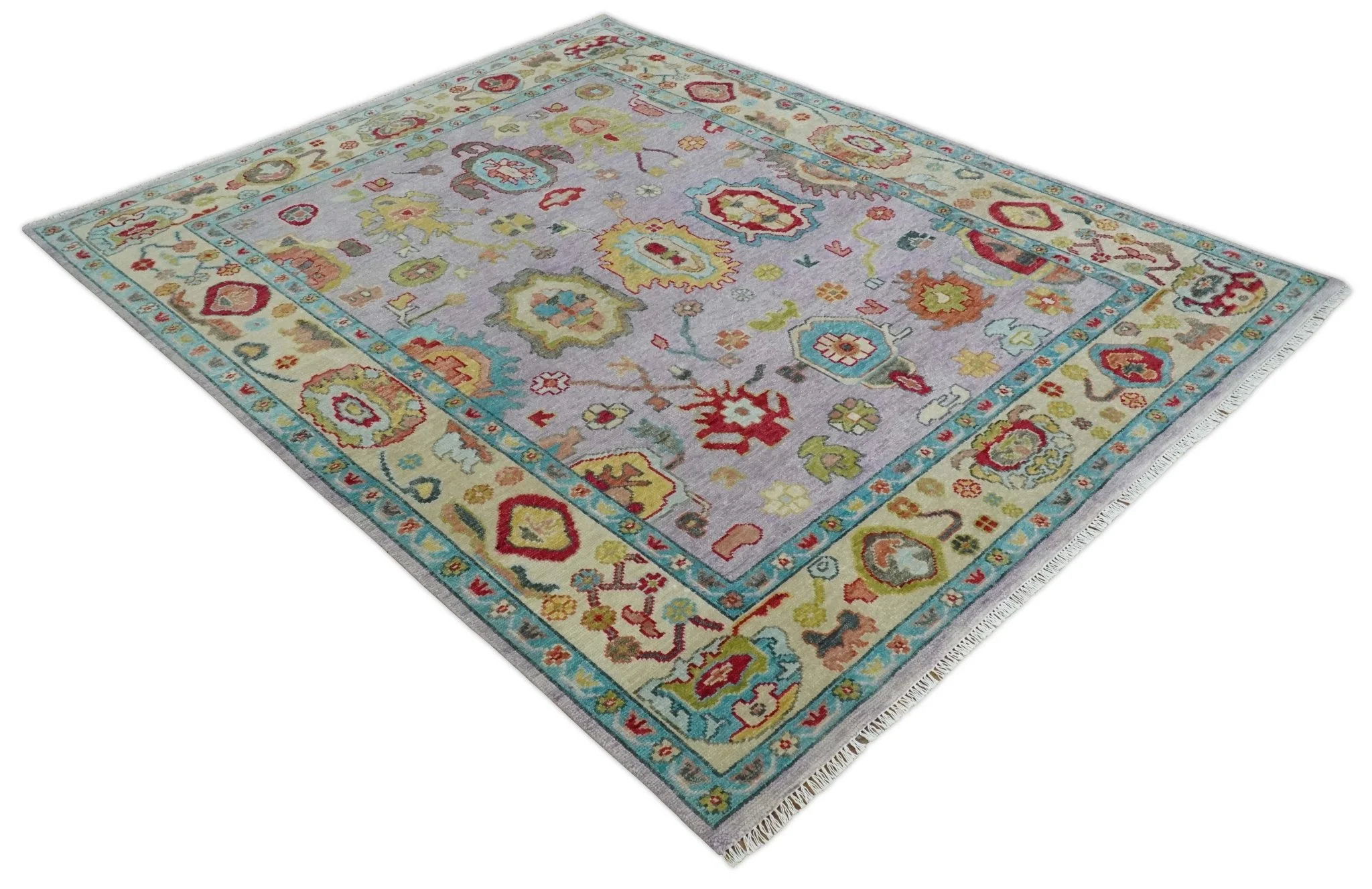 Purple and Beige Vibrant Colorful Hand knotted Traditional Oushak Multi Size Area Rug - Image 8