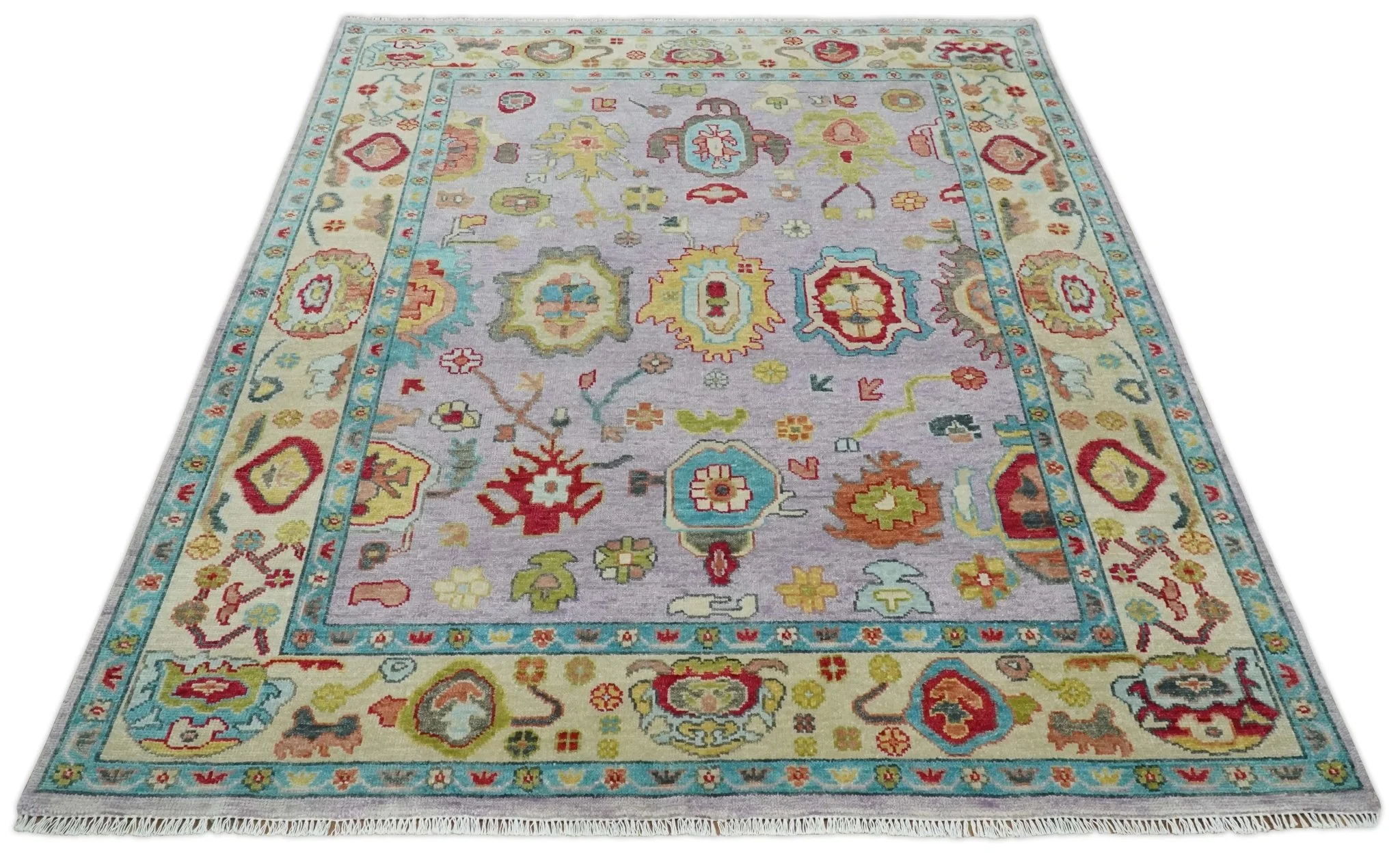 Purple and Beige Vibrant Colorful Hand knotted Traditional Oushak Multi Size Area Rug - Image 9