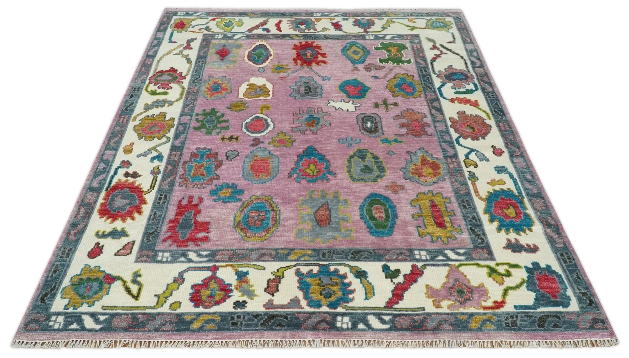 Custom Made Purple and Ivory Vibrant Colorful Hand knotted Traditional Oushak wool Area Rug - Image 10