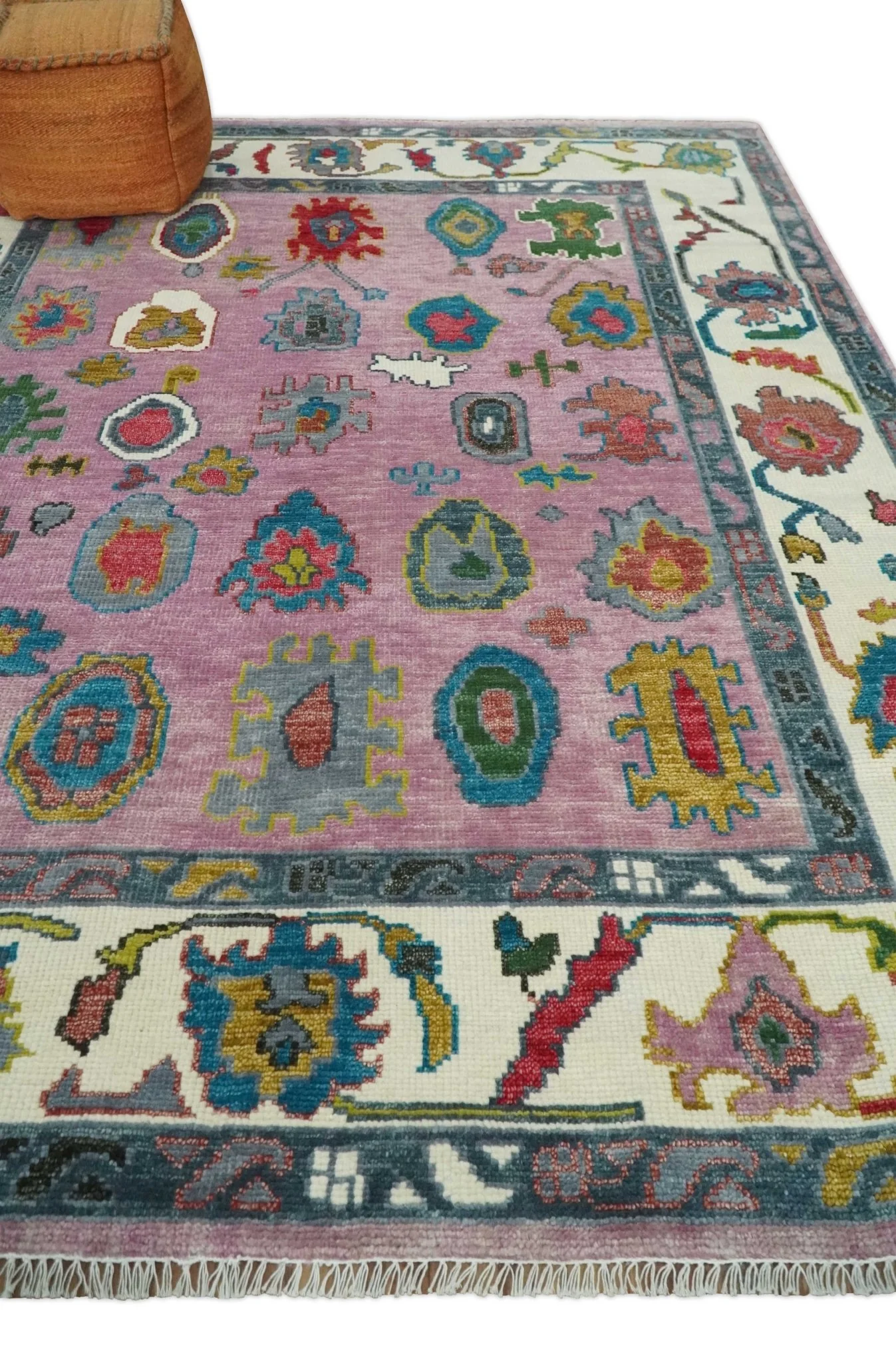 Custom Made Purple and Ivory Vibrant Colorful Hand knotted Traditional Oushak wool Area Rug - Image 3