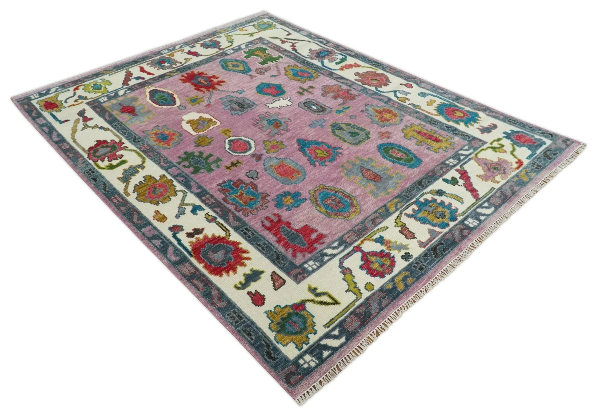 Custom Made Purple and Ivory Vibrant Colorful Hand knotted Traditional Oushak wool Area Rug - Image 9
