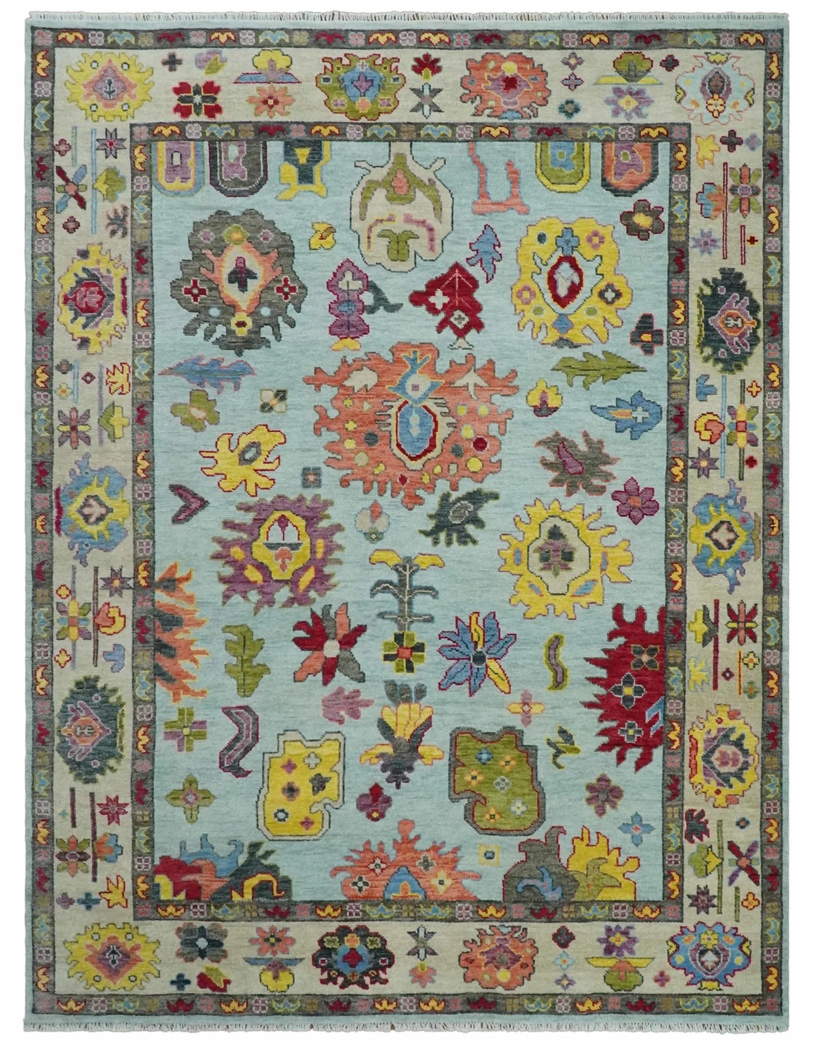 Hand Knotted Custom Made Blue and Beige Modern Oushak Wool Area Rug - Image 11