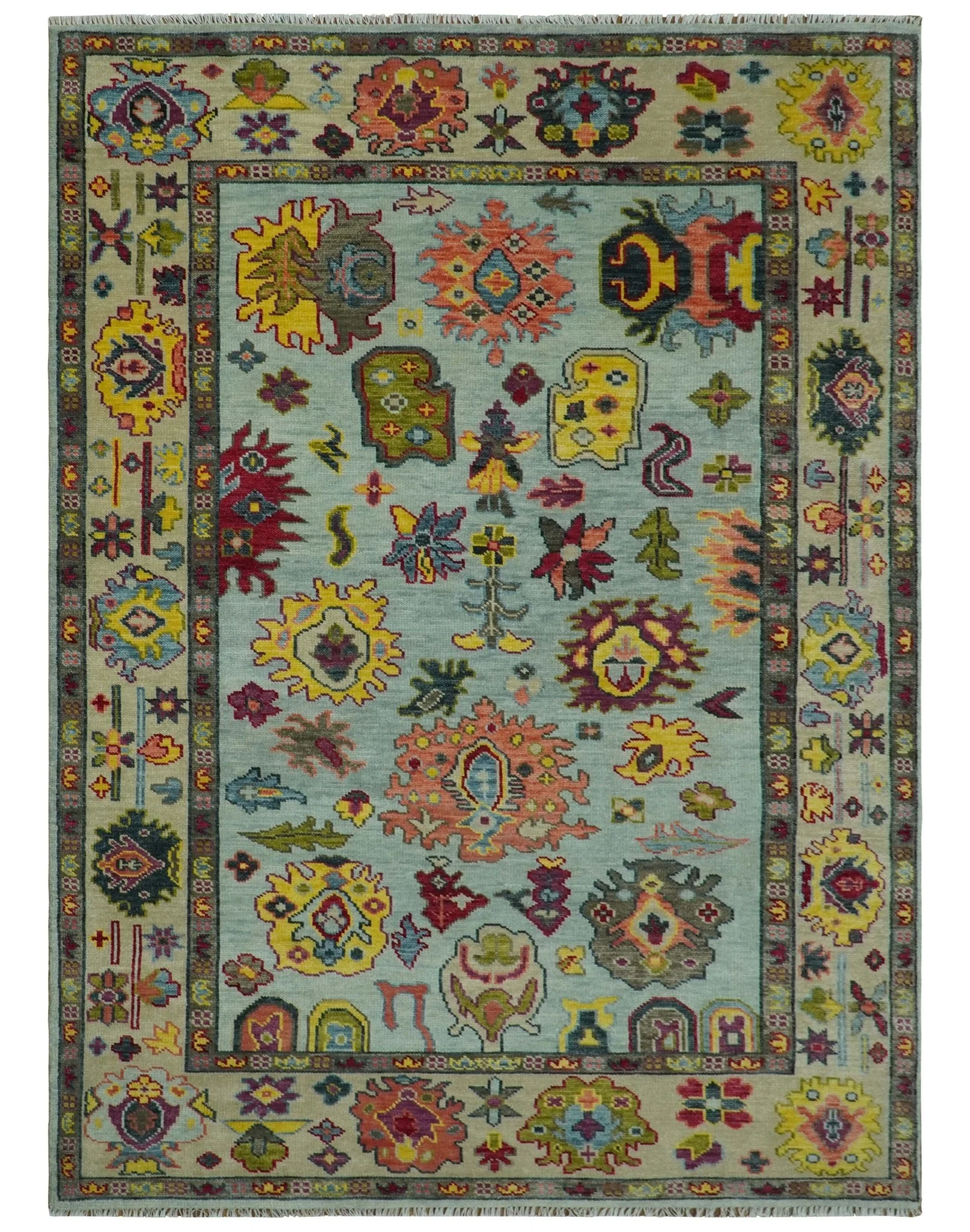 Hand Knotted Custom Made Blue and Beige Modern Oushak Wool Area Rug - Image 12